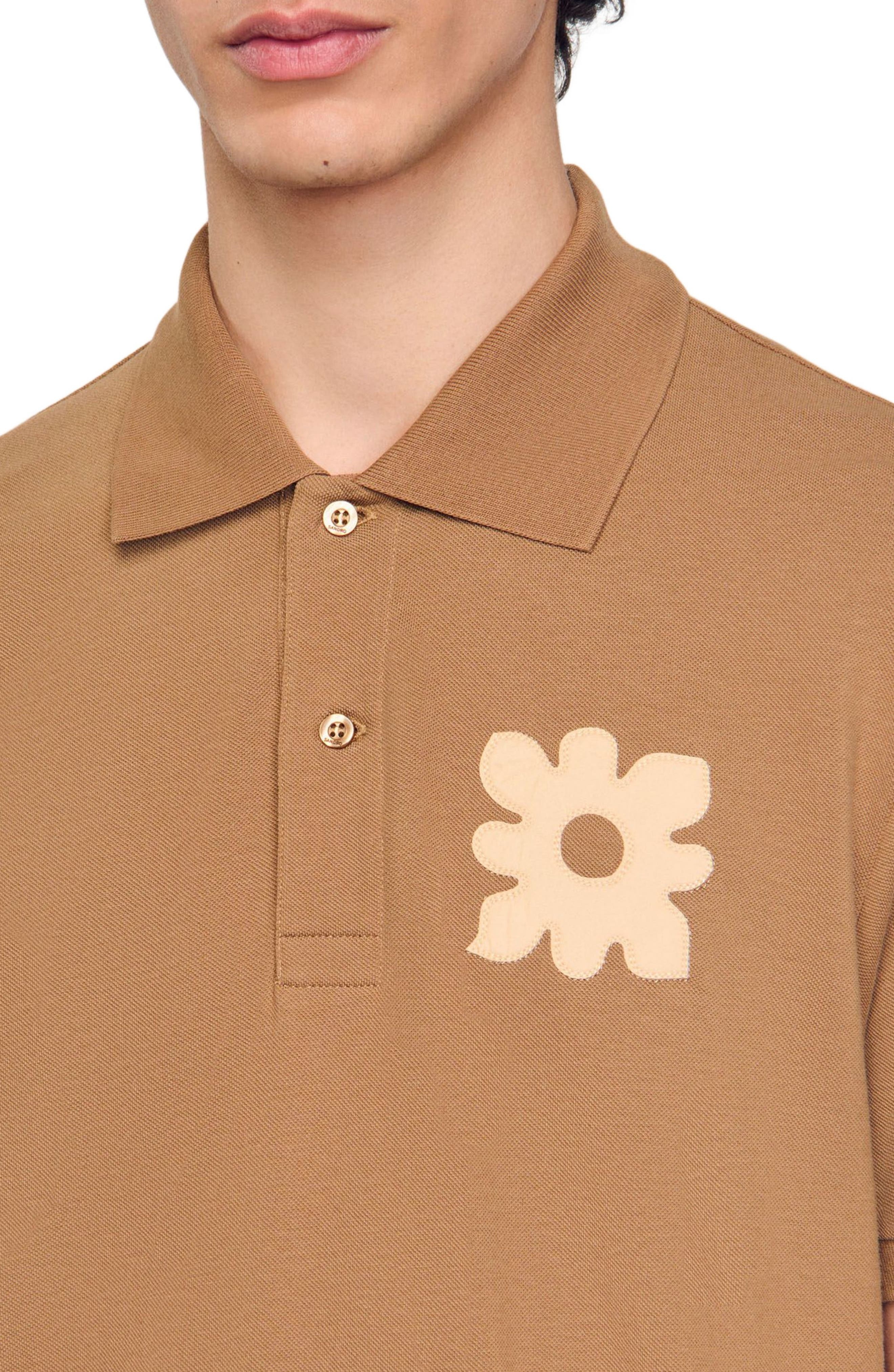SANDRO Polo shirt with flower patch in Nut at Nordstrom - 4