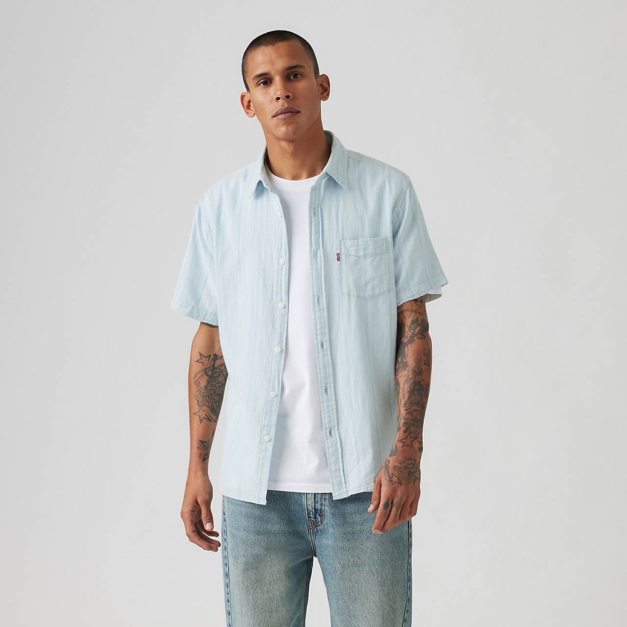 SHORT SLEEVE SUNSET COTTON LINEN ONE POCKET SHIRT - 2