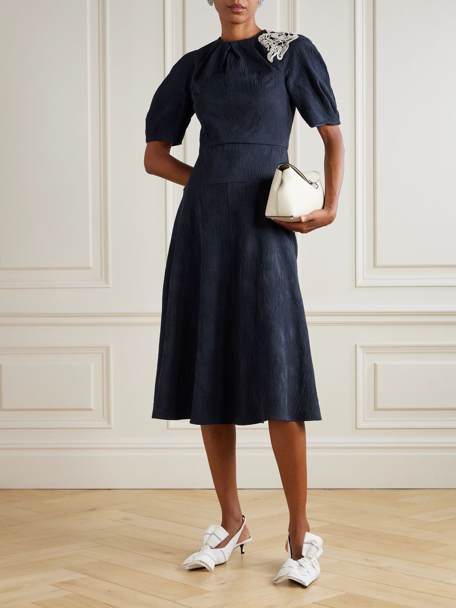 Appliquéd cotton-blend cloqué midi dress Navy - 2