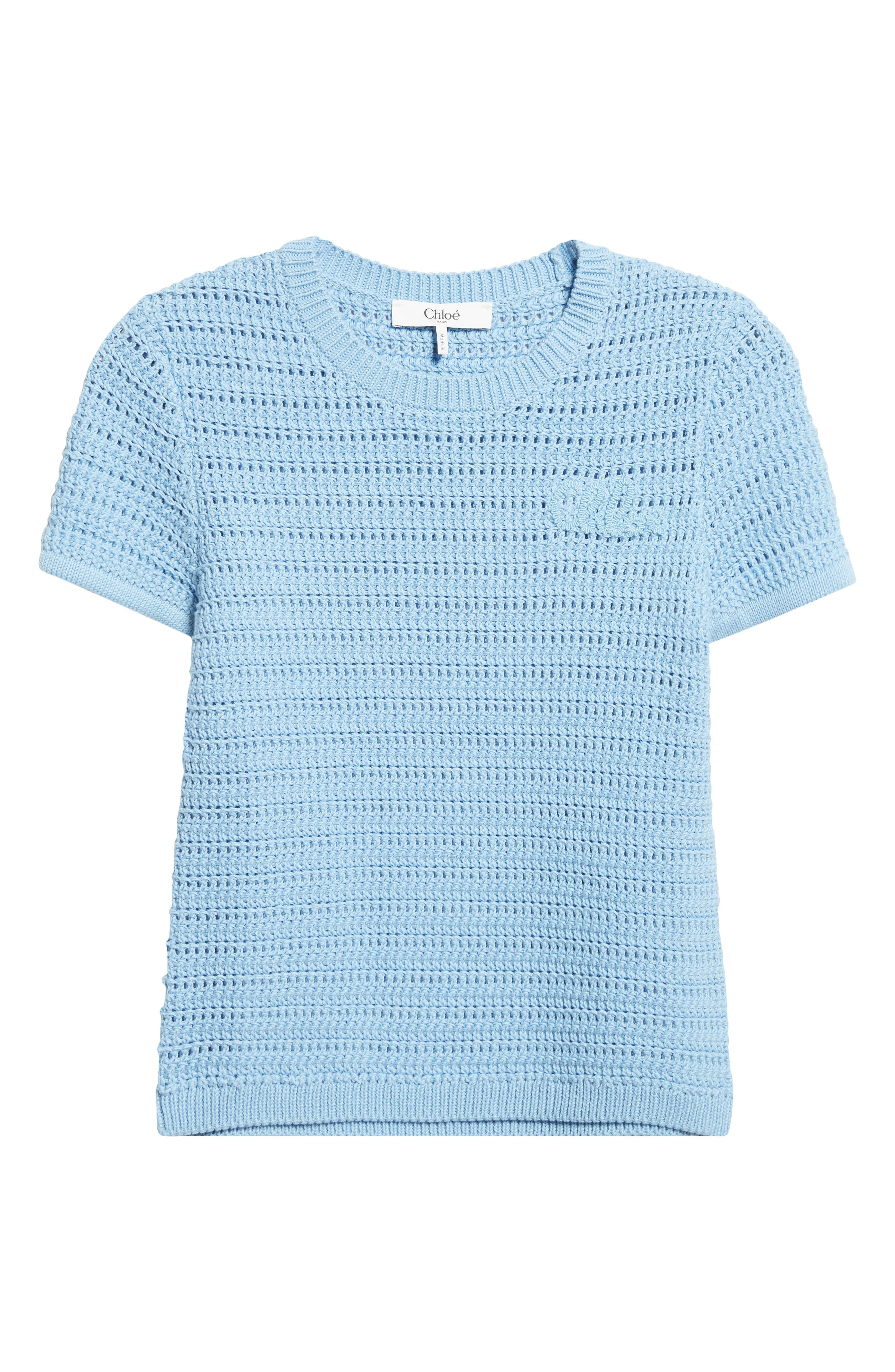 Chloé Open Knit Short Sleeve Organic Cotton Sweater in Softy Blue at Nordstrom - 5