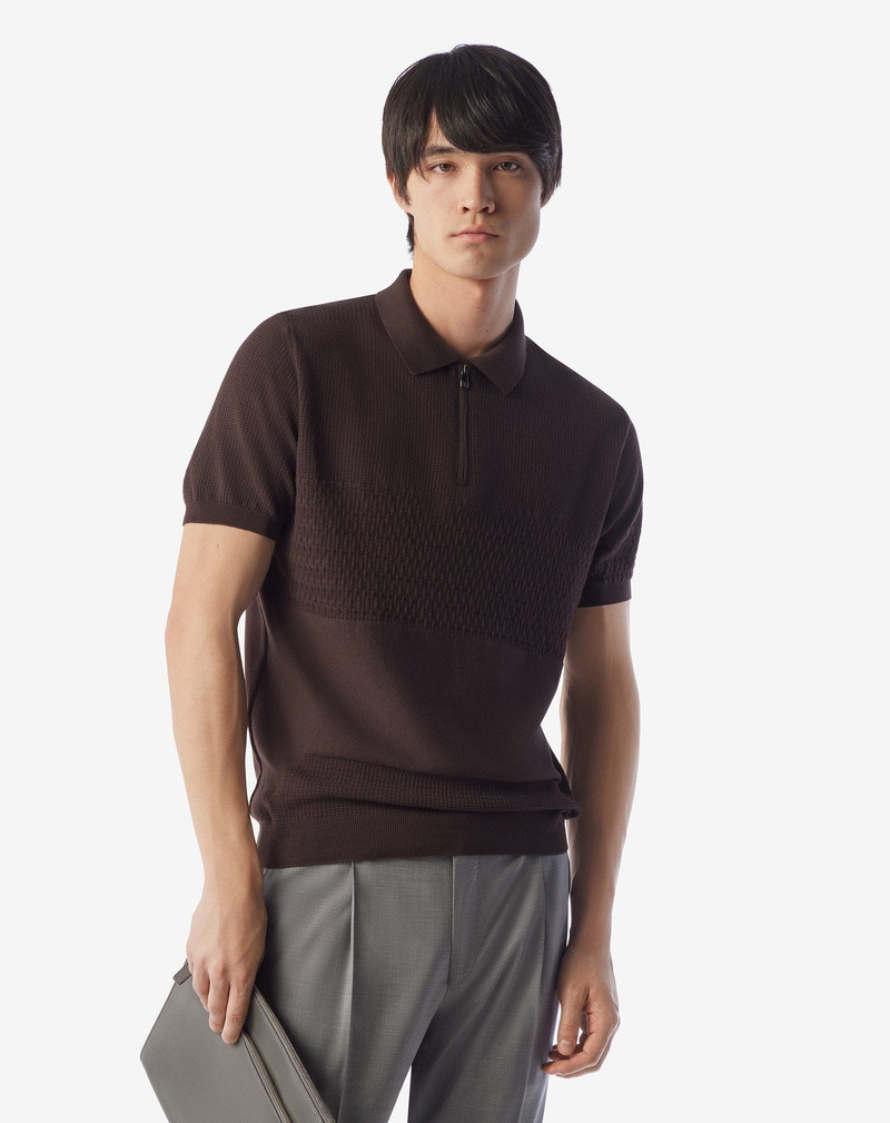 CORNELIANI Brown zip-up Pima cotton polo shirt outlook