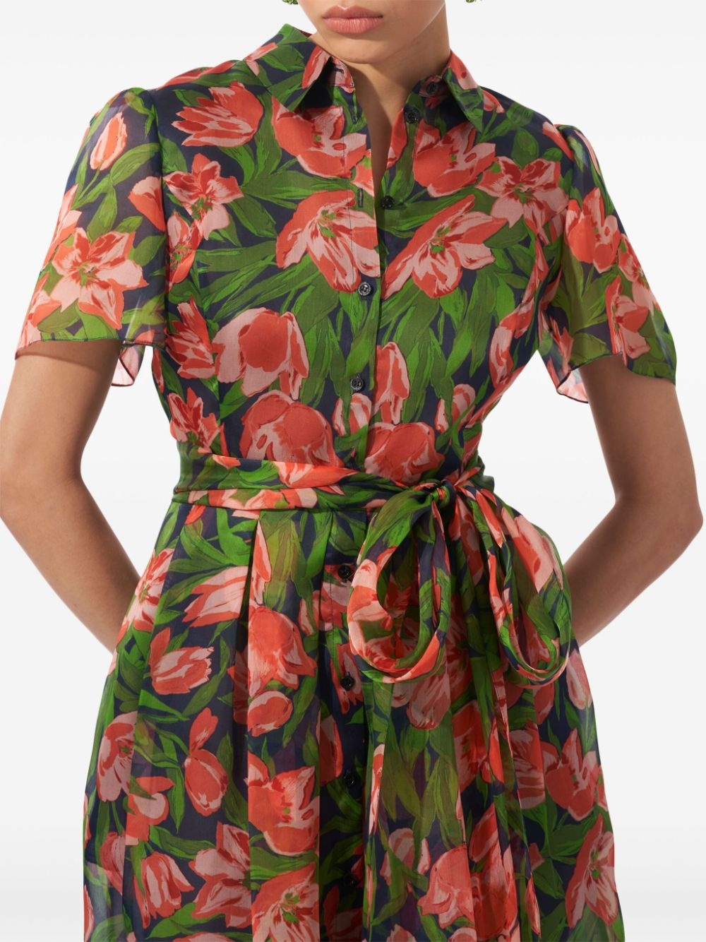tulip-print silk shirt dress - 4