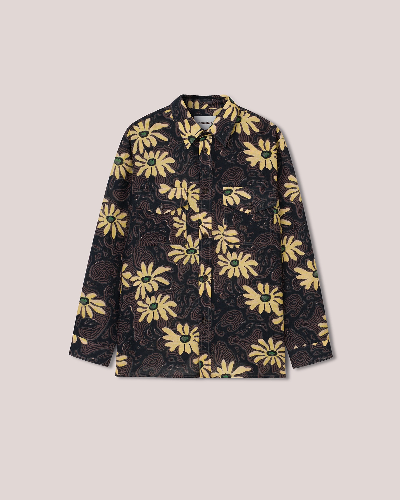 ZANDER - Cotton-linen oversized floral shirt - Black - 1