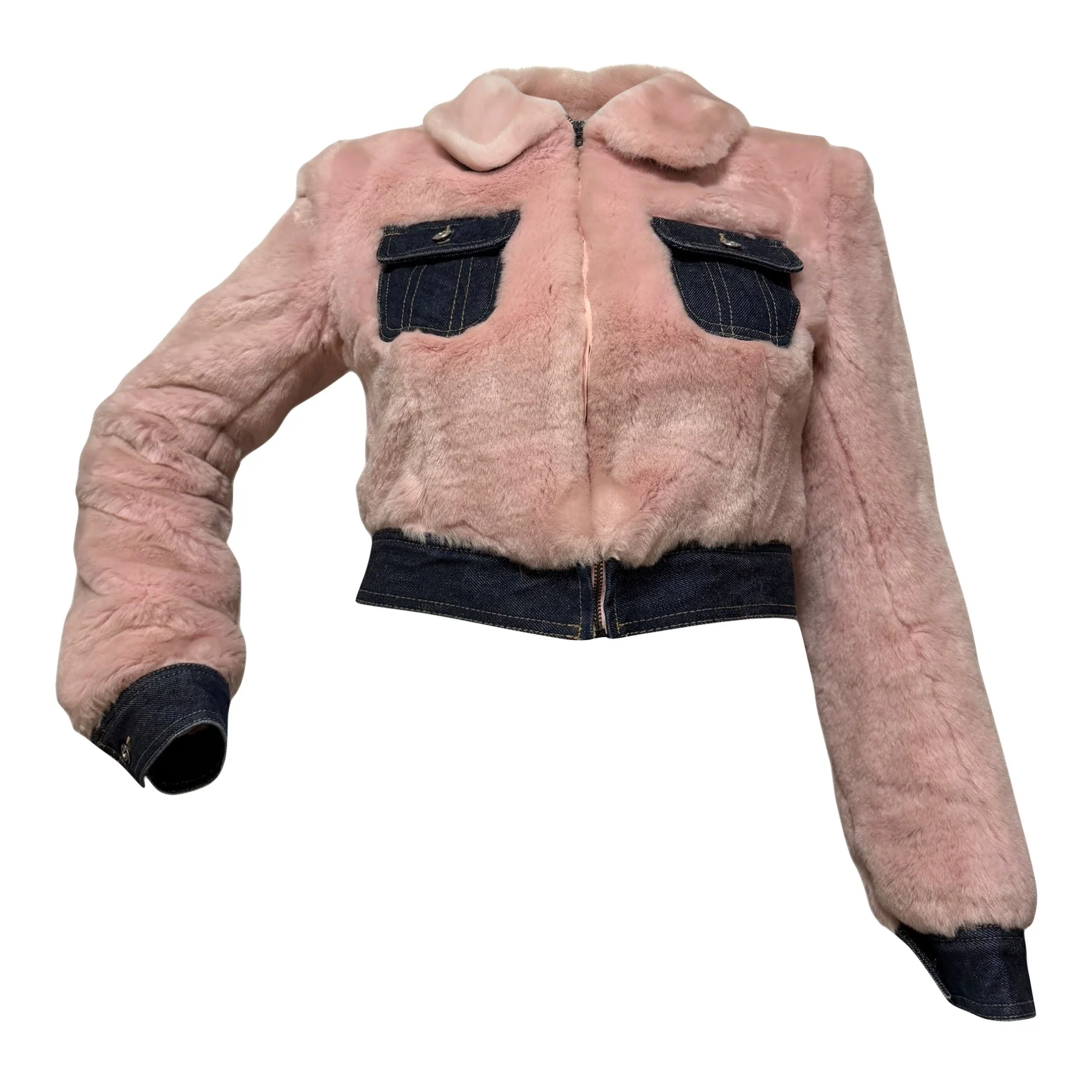D&G Fall Winter 1999 Pink Fur & Denim Cropped Jacket - 1