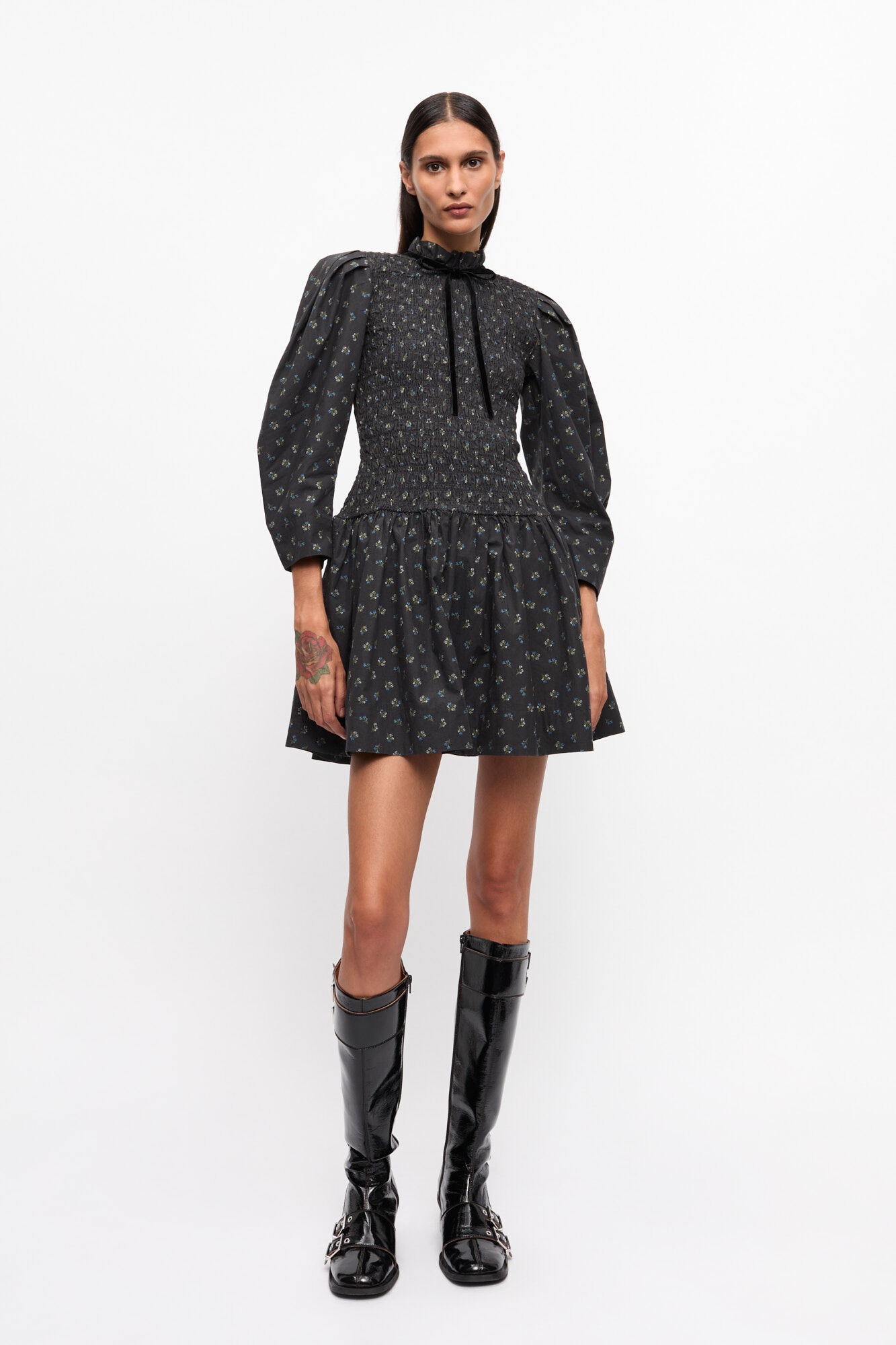 BLACK PRINTED MINI SMOCK DRESS - 2