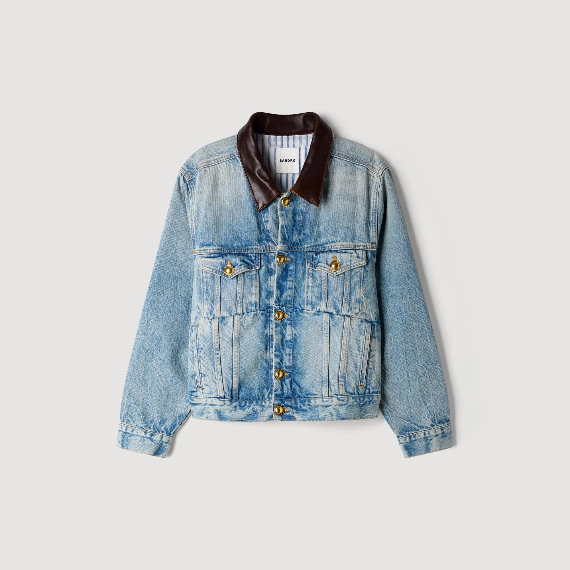 DENIM JACKET WITH LEATHER COLLAR - 1