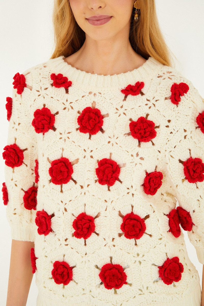 FARM RIO Red Flower Crochet Knit Blouse outlook