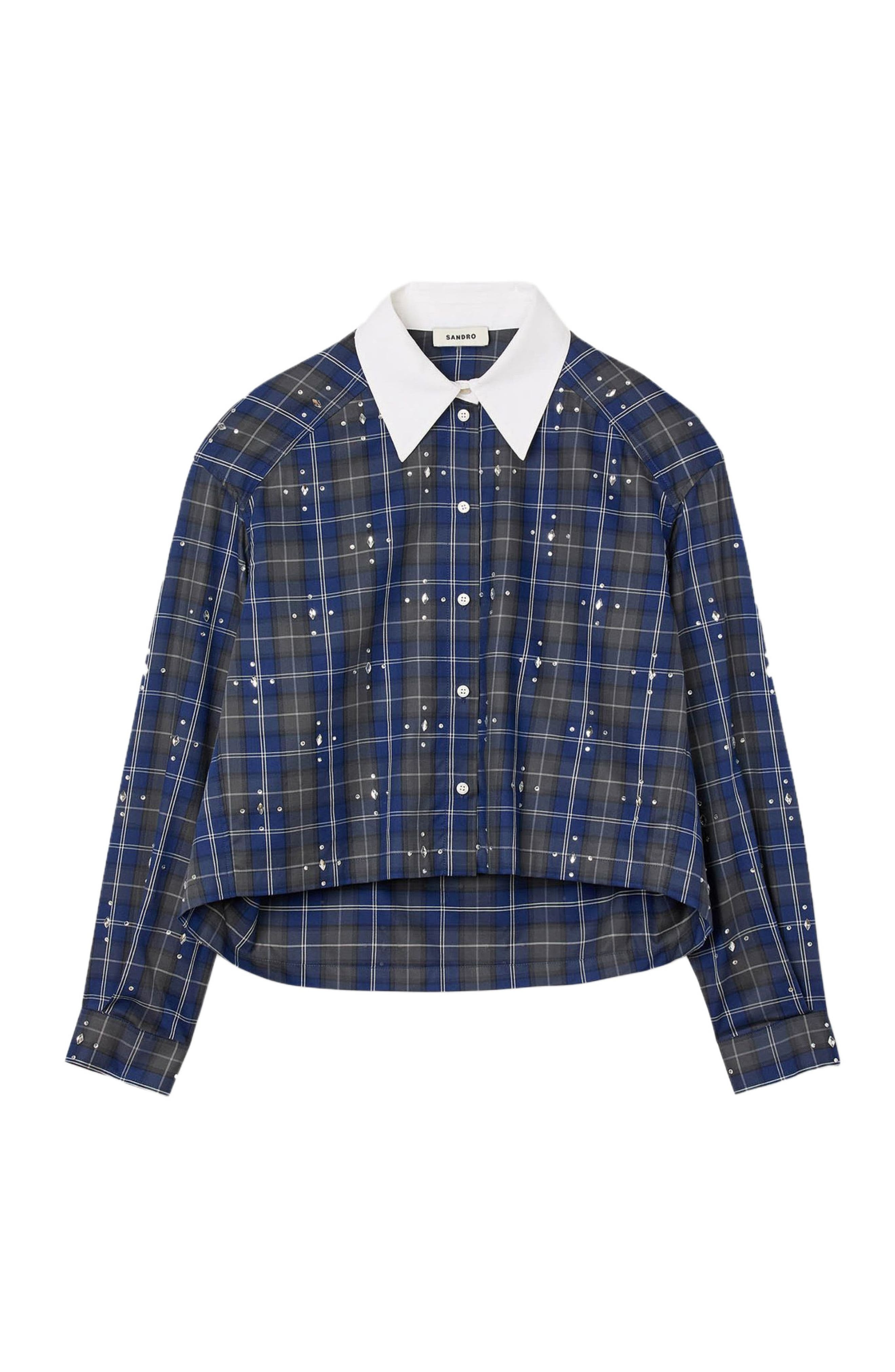 SANDRO Rhinestone checkered collar shirt in Blue at Nordstrom - 5