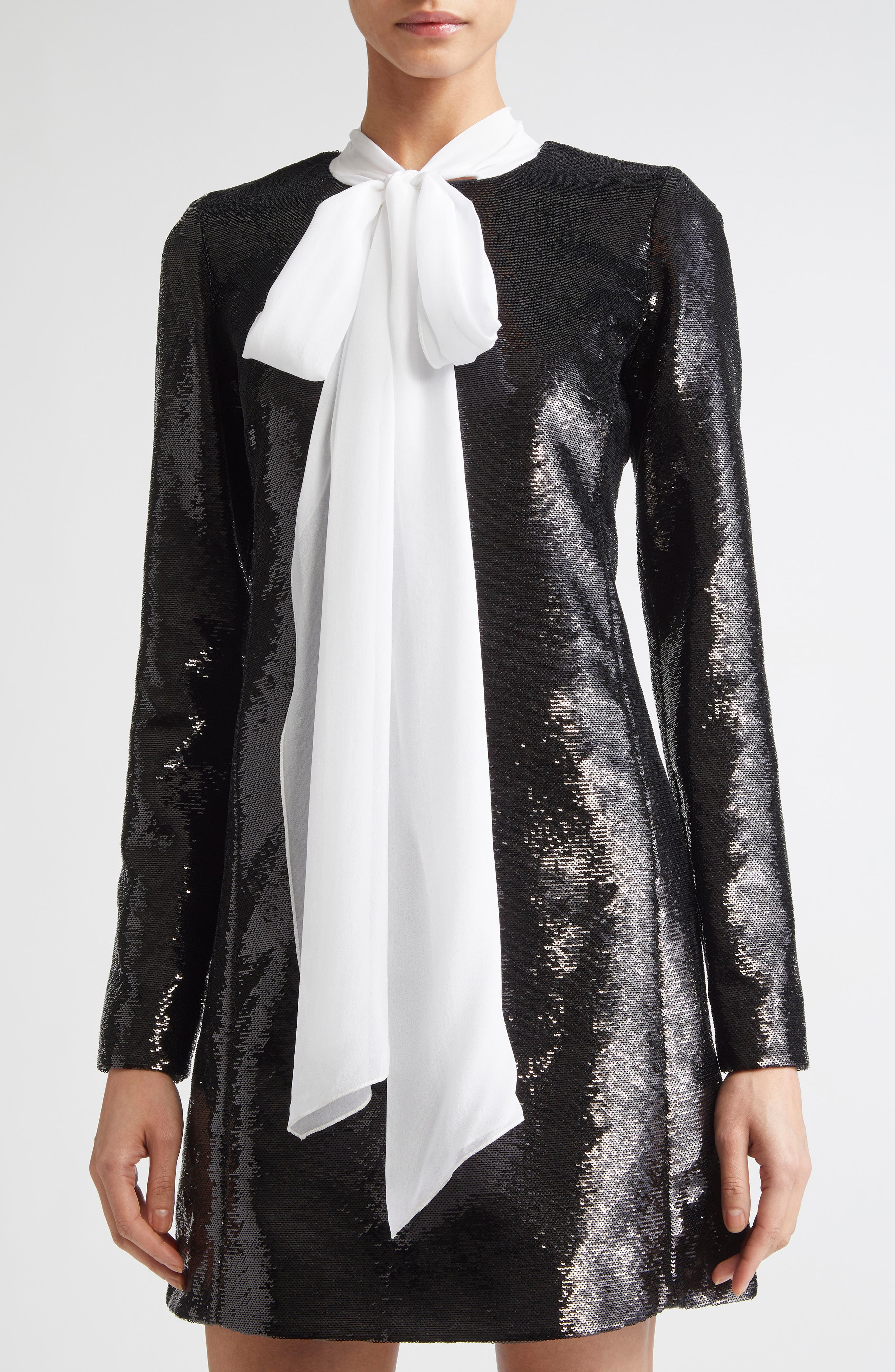 Giambattista Valli Bow Neck Long Sleeve Sequin Minidress in Black at Nordstrom - 4