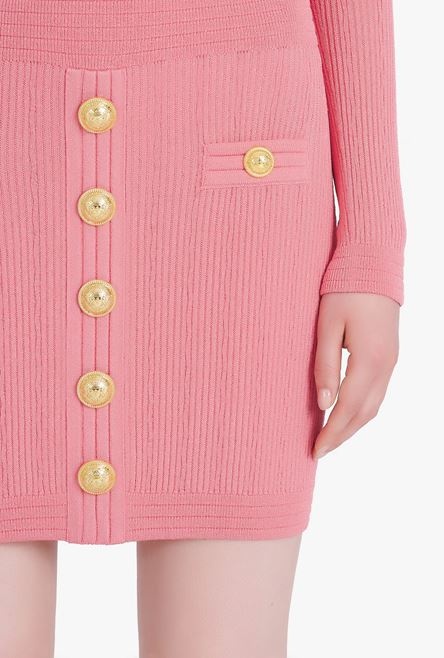 Short salmon pink eco-designed knit dress with gold-tone buttons - 8