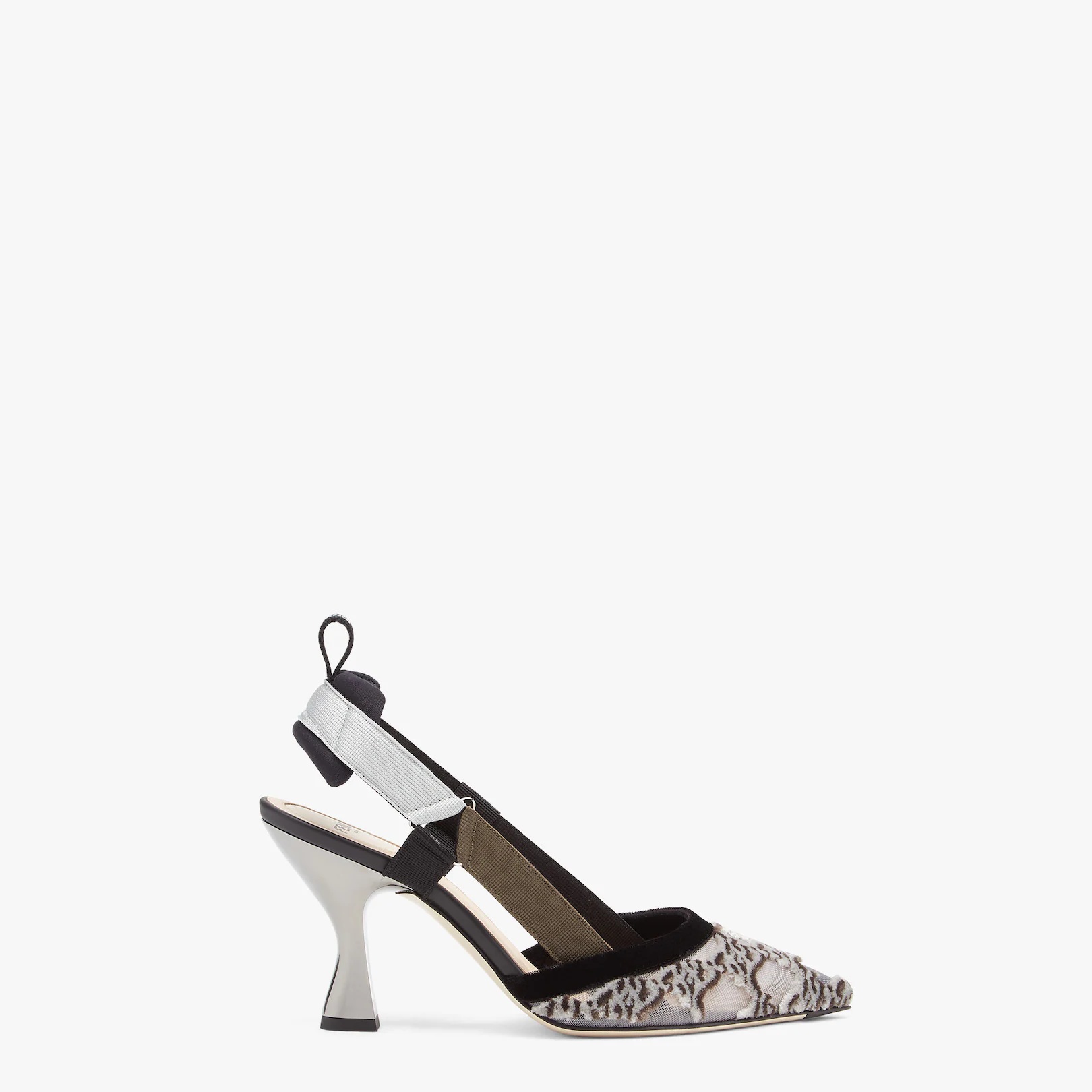 Gray mesh and embroidery high-heeled slingbacks - 1