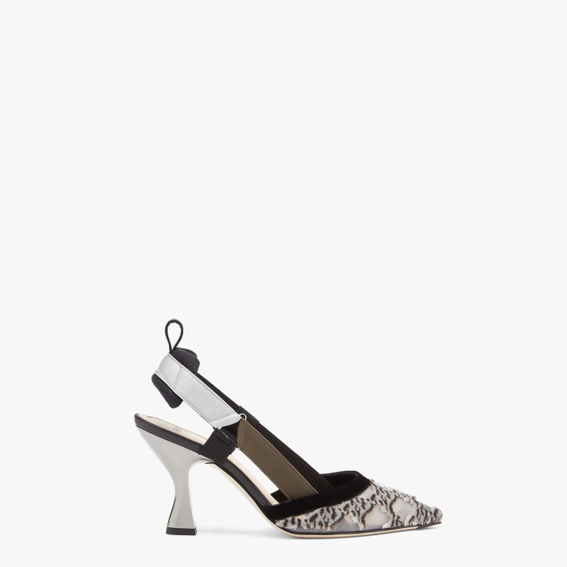 Gray mesh and embroidery high-heeled slingbacks 1