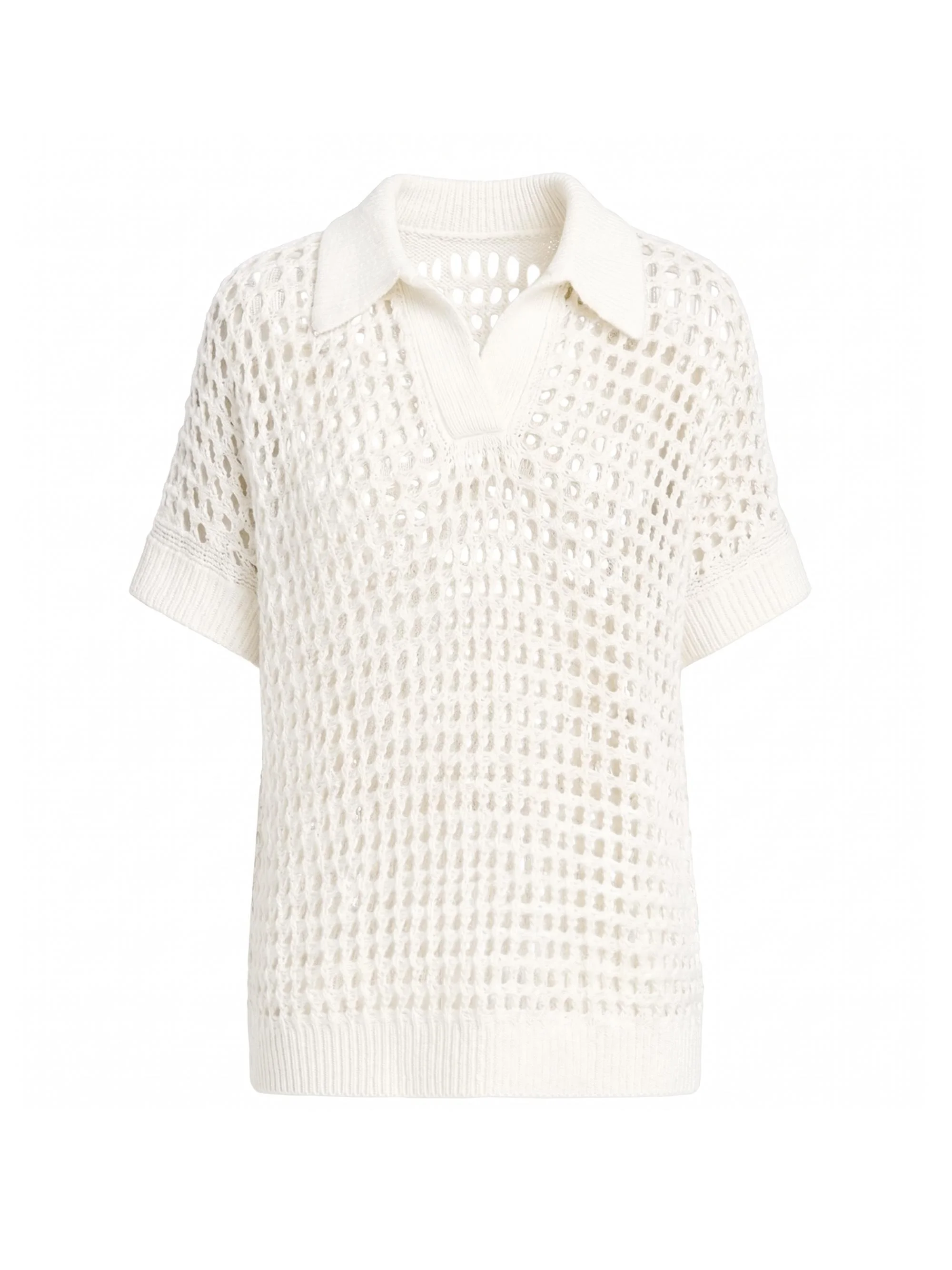 Women's Supersized Linen-Silk Polo Top - Ivory - 1