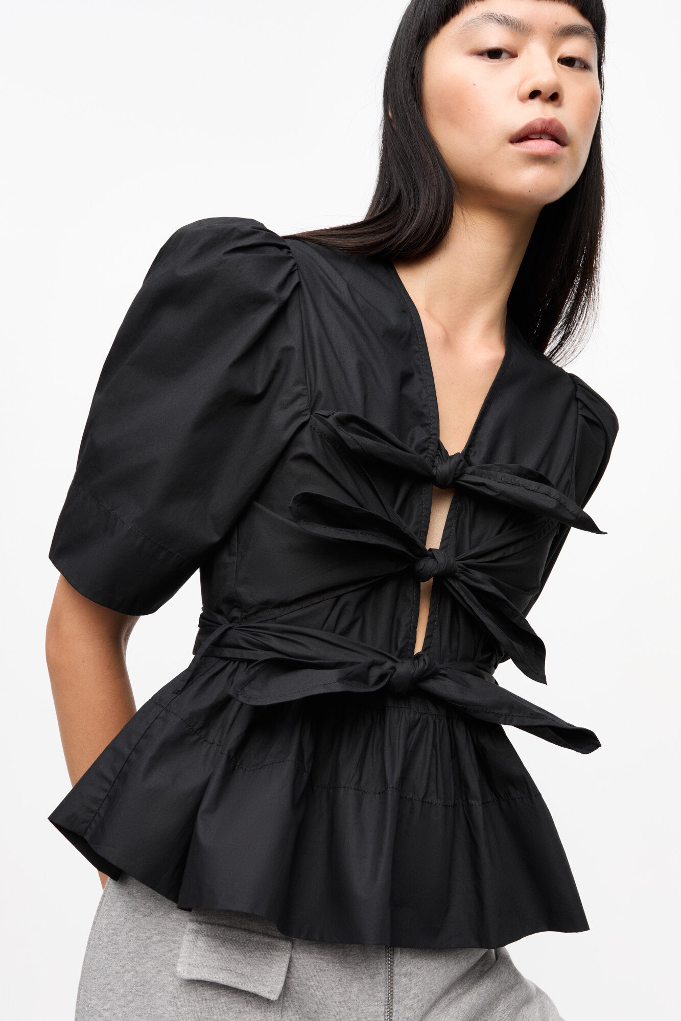 BLACK WASHED STRETCH COTTON TIE STRAP BLOUSE - 5
