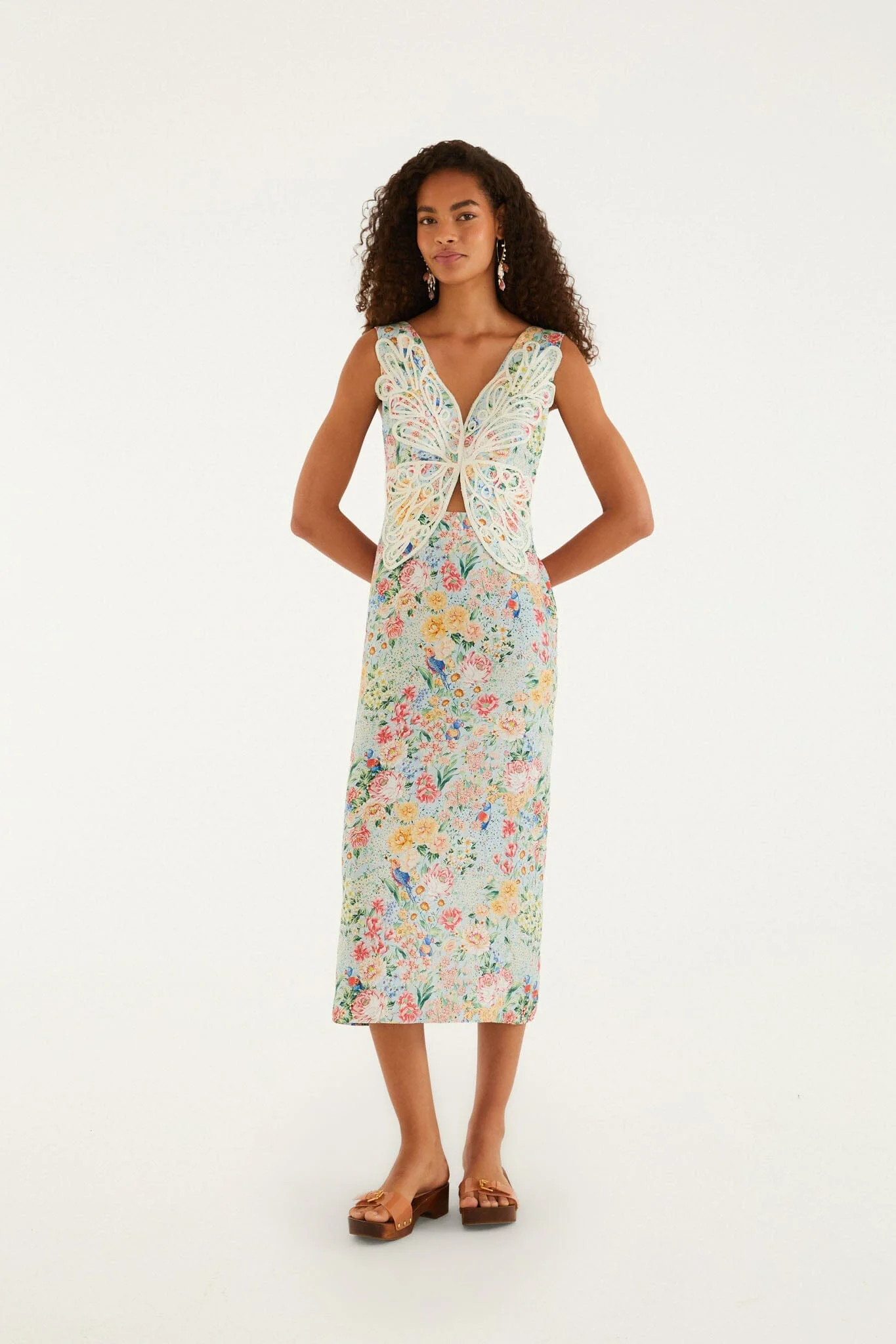 Multicolor Rendeira 3D Bodice Euroflax Premium Linen Midi Dress - 1