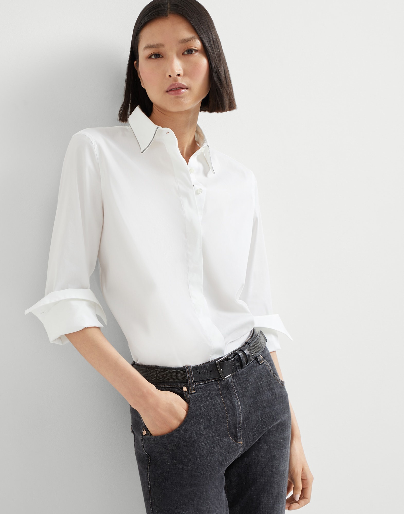 Stretch cotton poplin shirt with shiny collar - 4