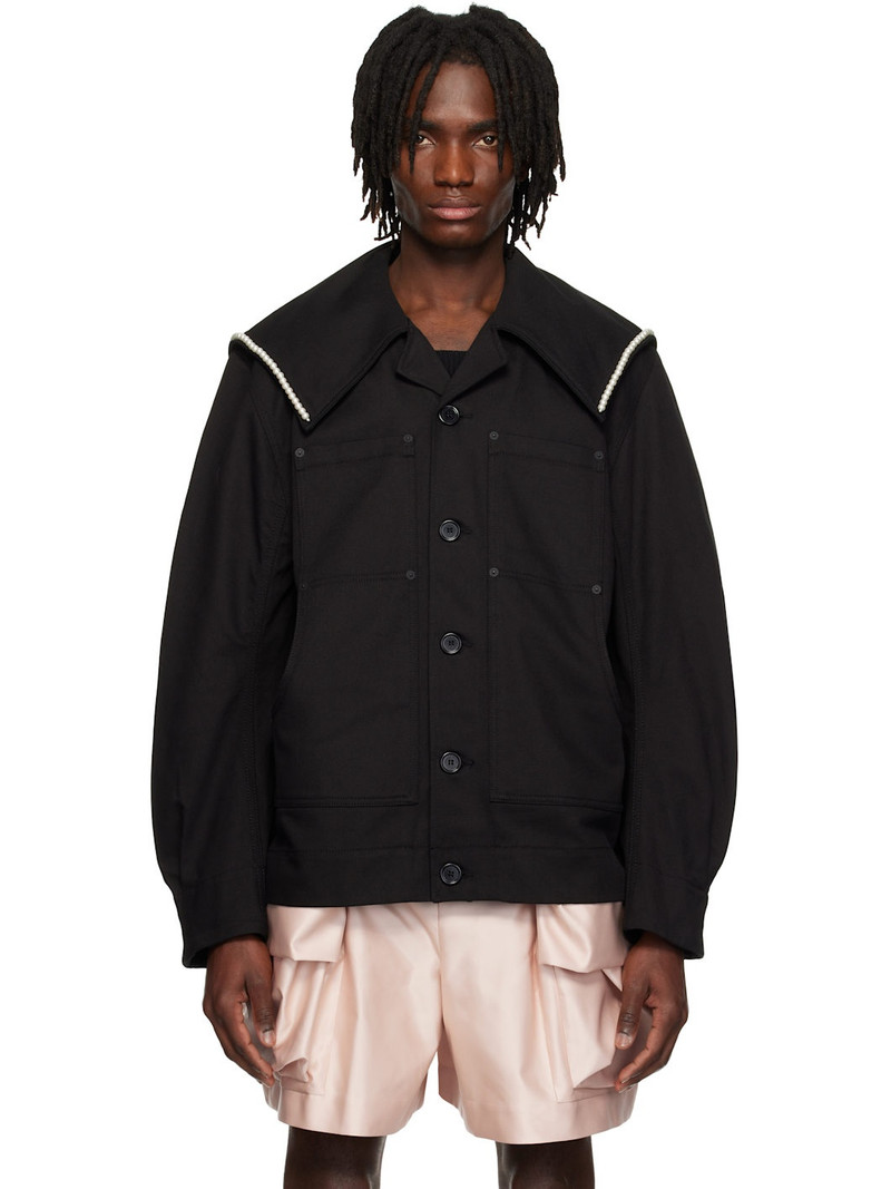 Black Beaded Sailor Collar Workwear Jacket 1