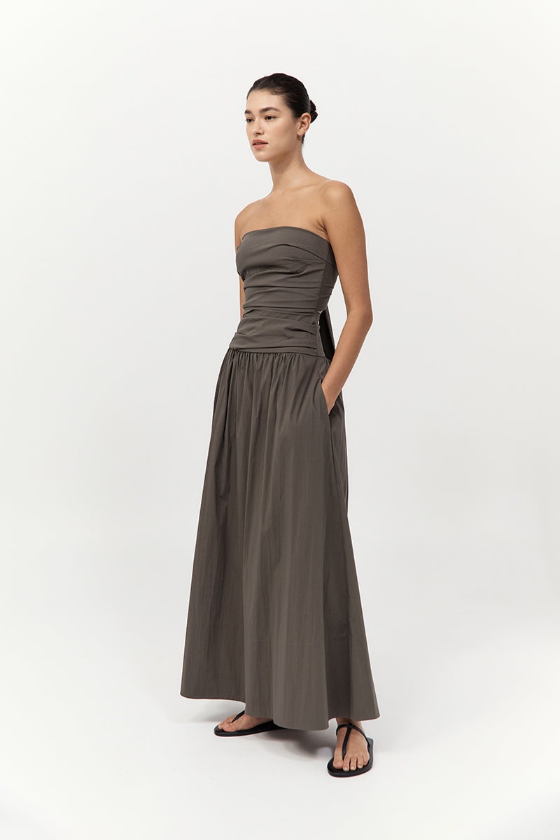 Gathered Strapless Tie Back Dress - Khaki - 4