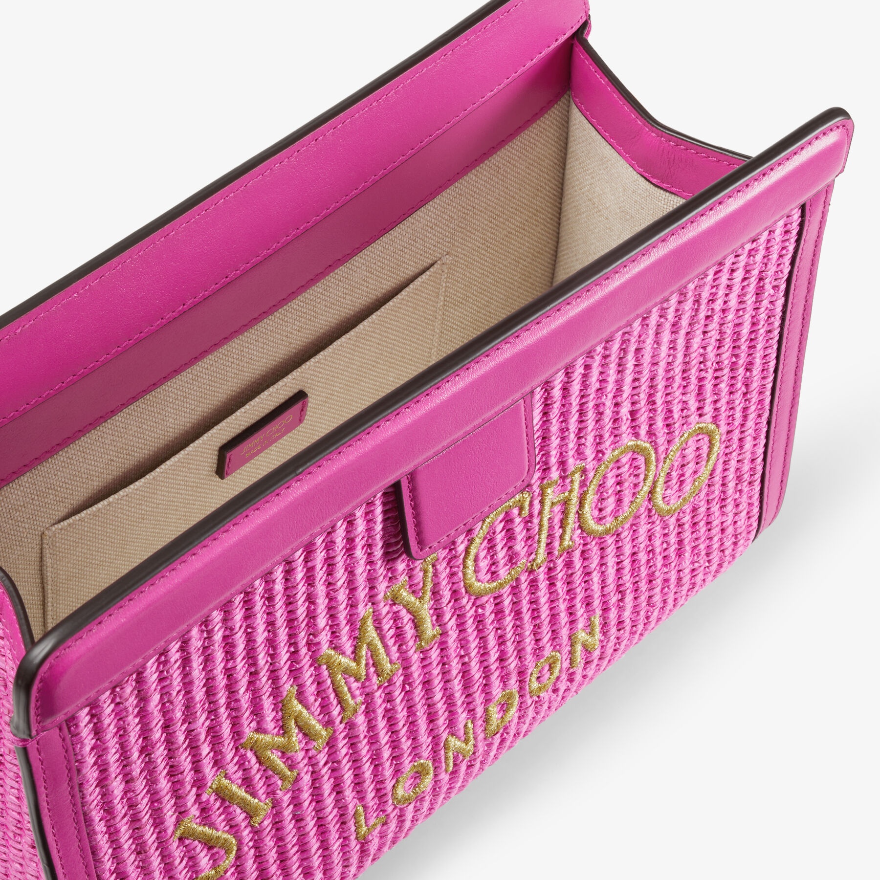 Varenne Pouch
Fuchsia Raffia and Smooth Leather Pouch with Jimmy Choo Embroidery - 5