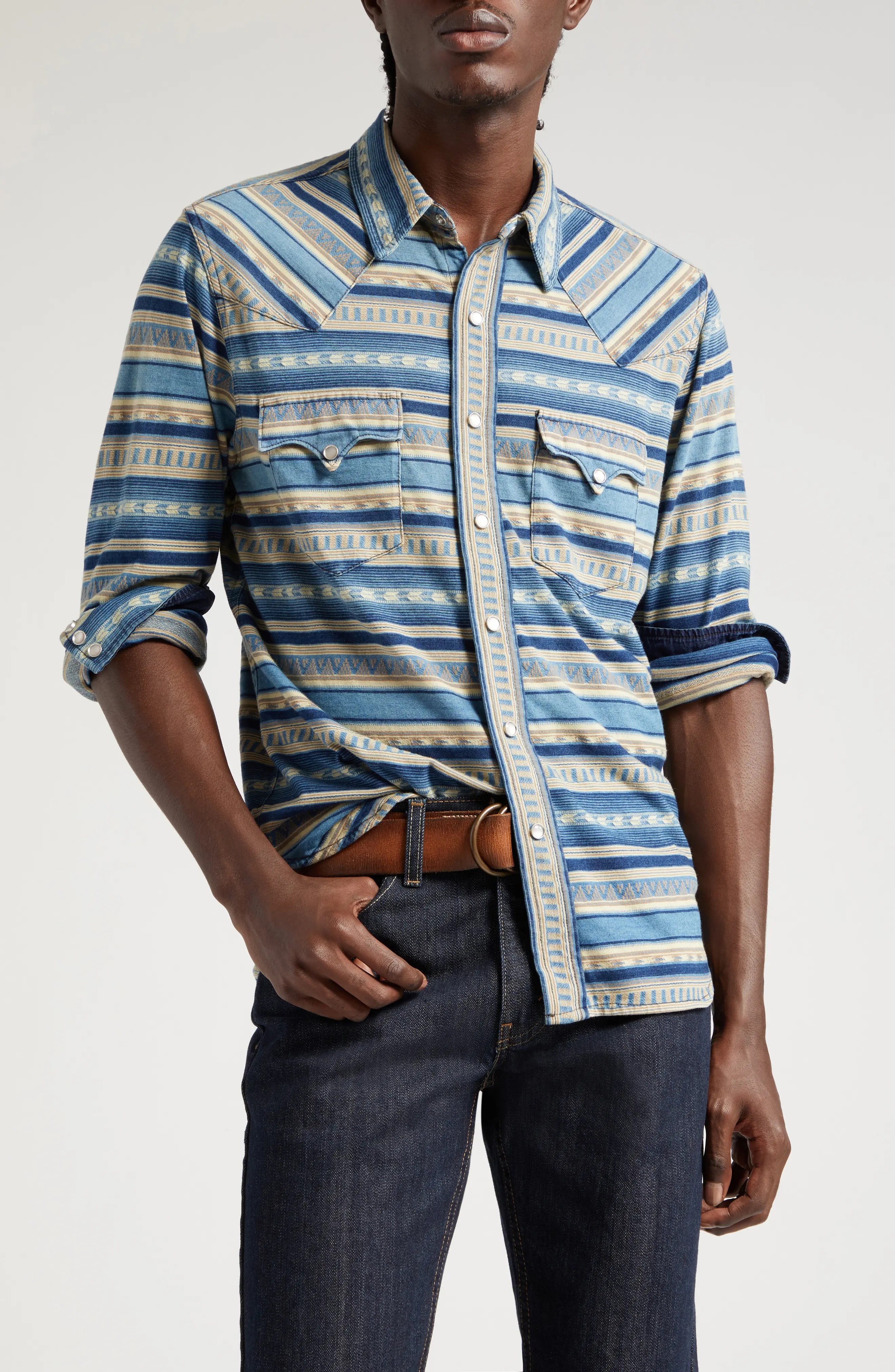 RRL by Ralph Lauren Buffalo West Geo Pattern Corduroy Snap-Up Western Shirt  in Indigo/Cream | nordstrom | REVERSIBLE