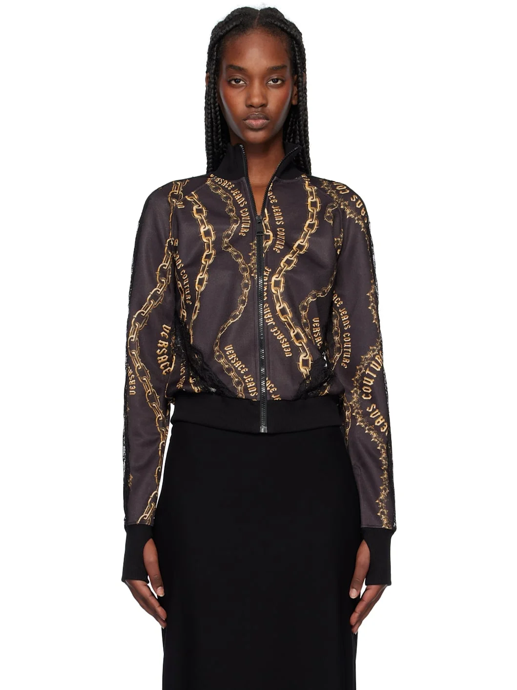 Black & Gold Chain Couture Lace Zip Sweatshirt - 1
