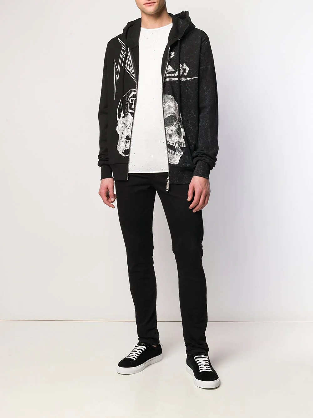 Skull print zipped hoodie - 2