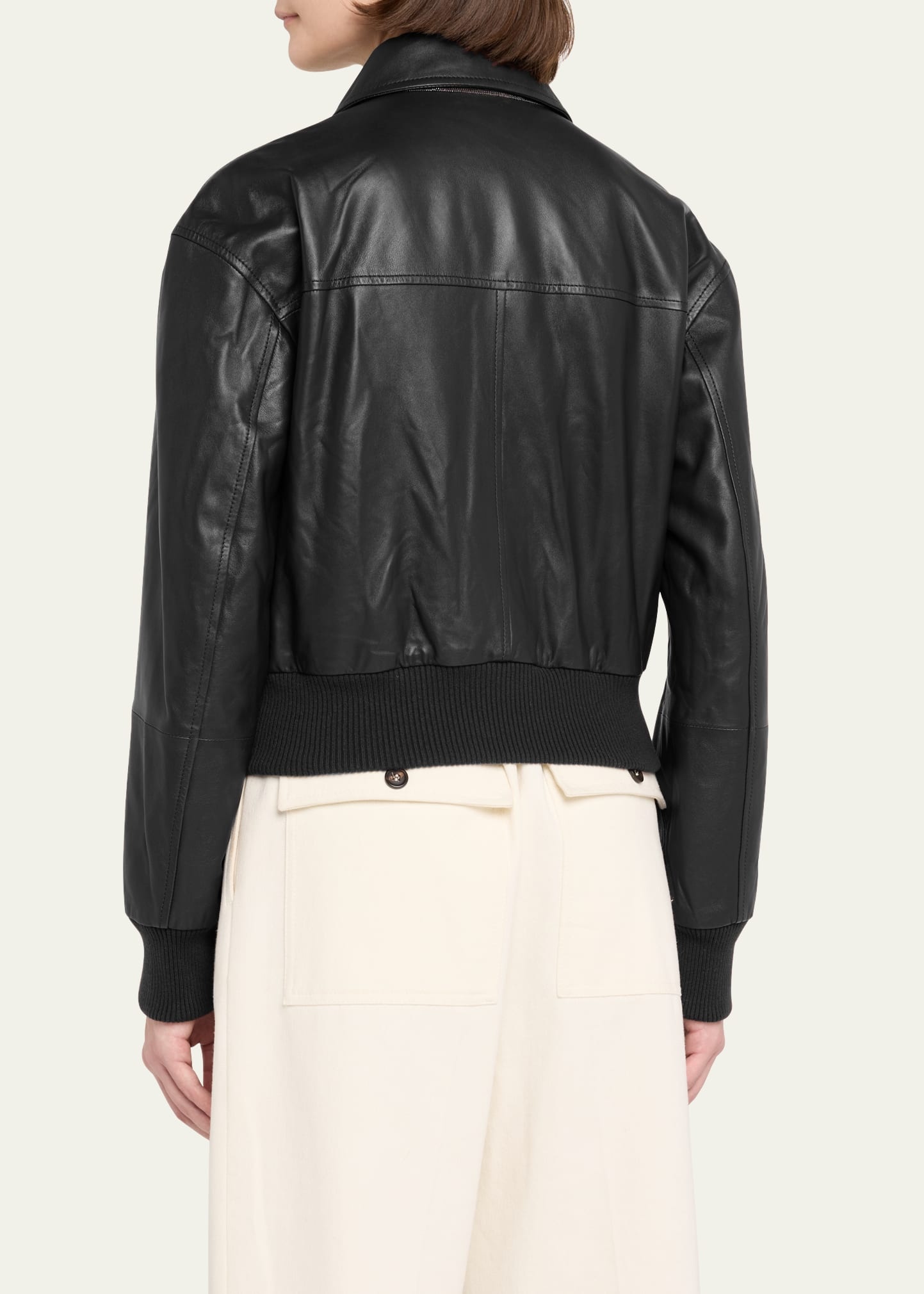 Monili-Neck Smooth Glove Leather Bomber Jacket - 3
