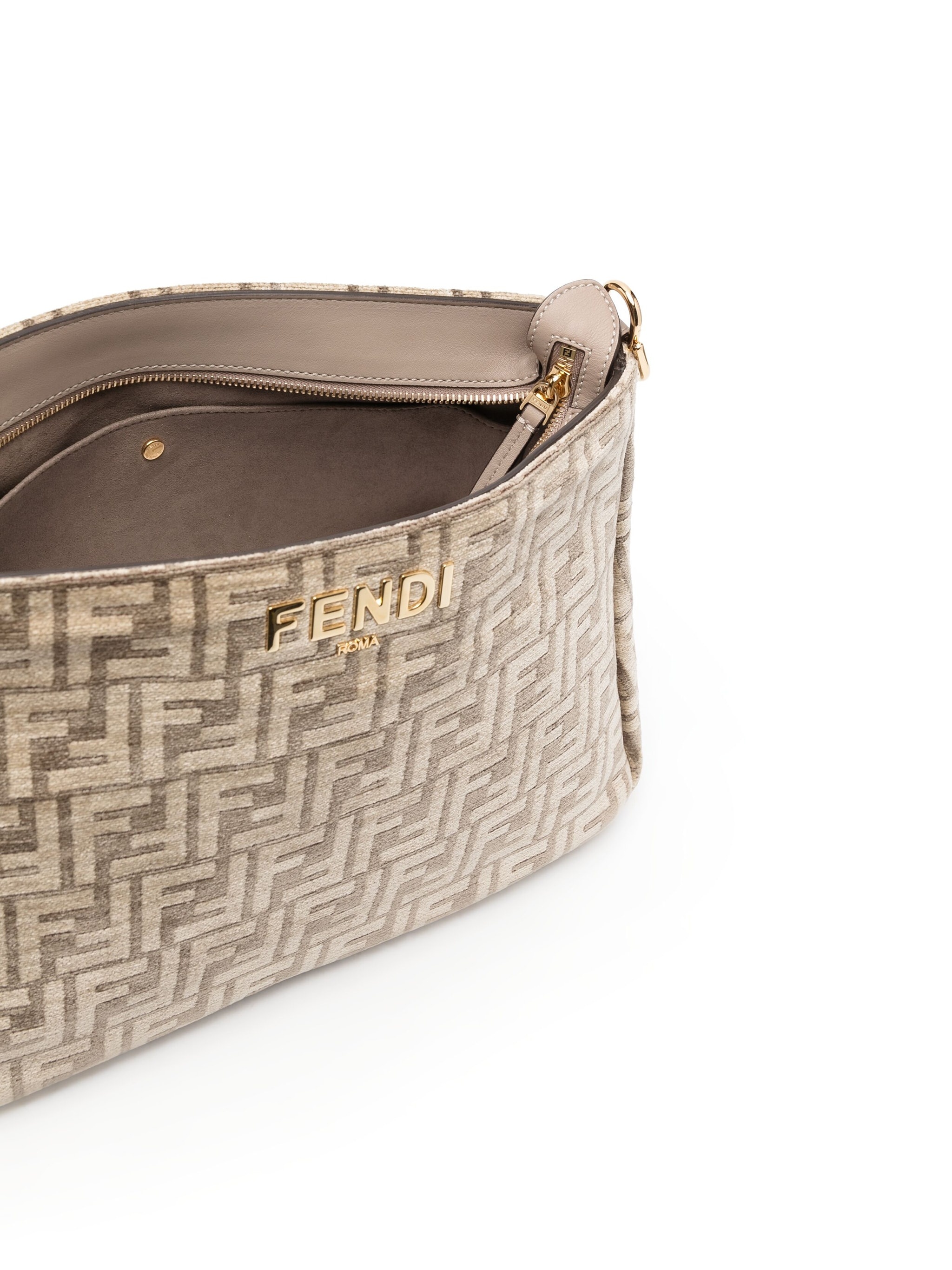 FENDI: leather and fabric pouch with jacquard FF monogram - Brown