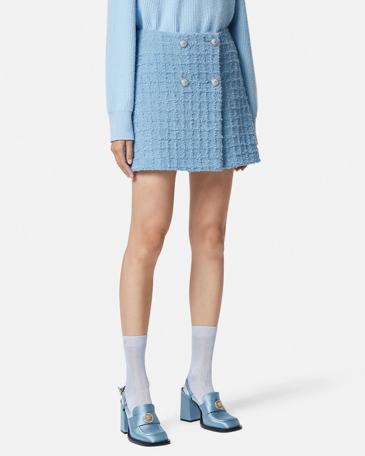 【関税&送料込】Versace Light-Blue Boucle Mini Skirt VERSACE Light-blue boucle mini skirt | gebnegozionline