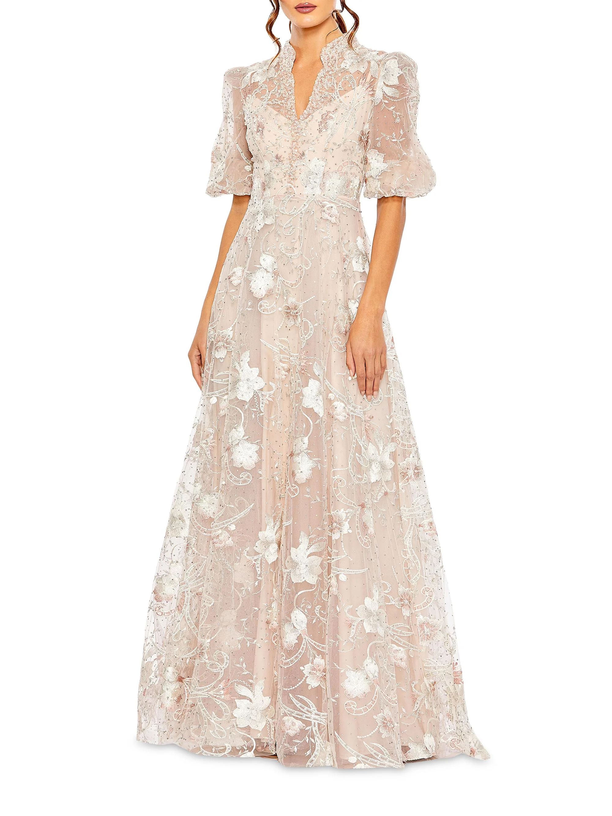 Women's Floral-Embroidered Puff A-Line Gown - Blush - 1