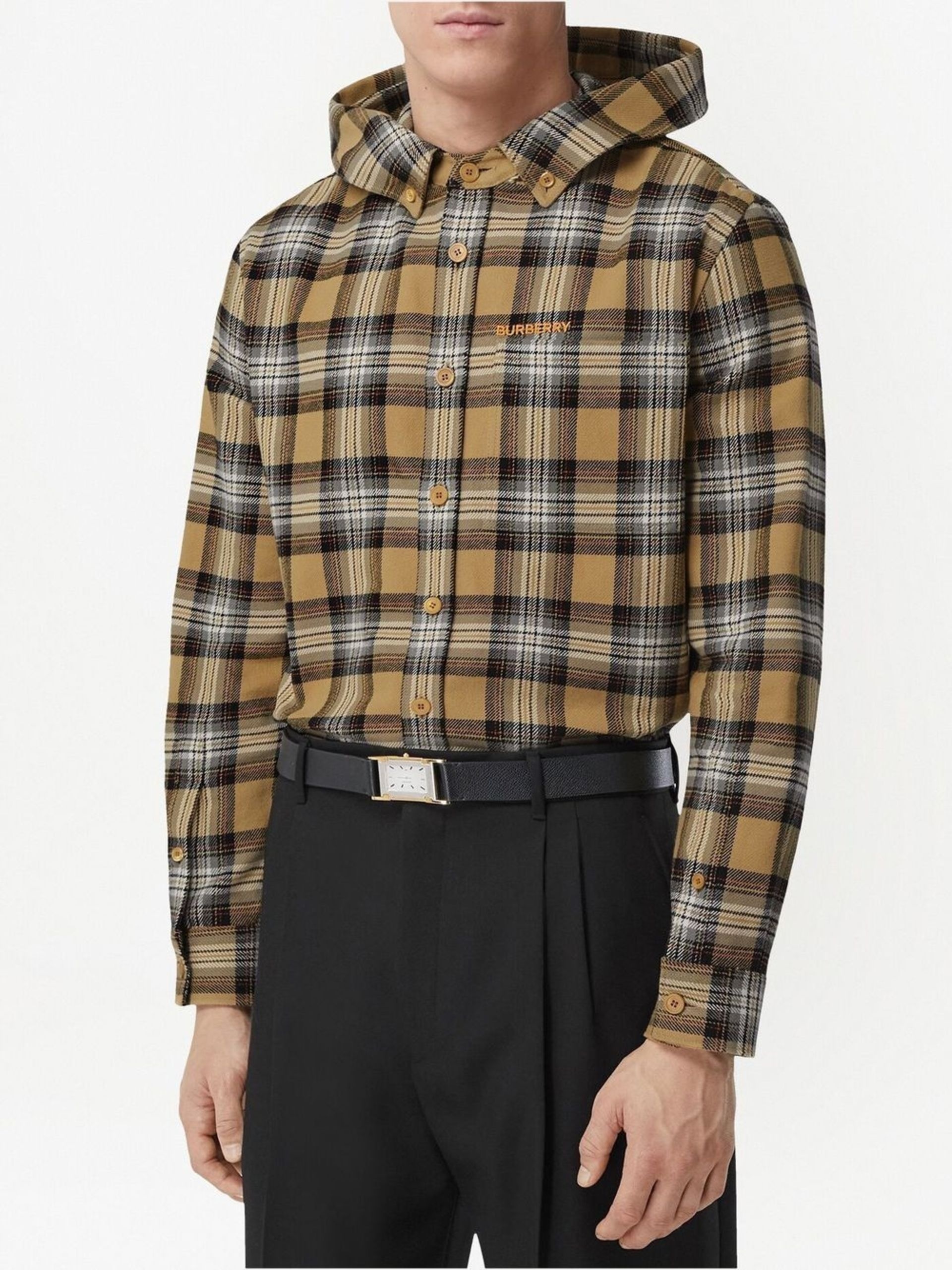 neutral check print hooded shirt - 3