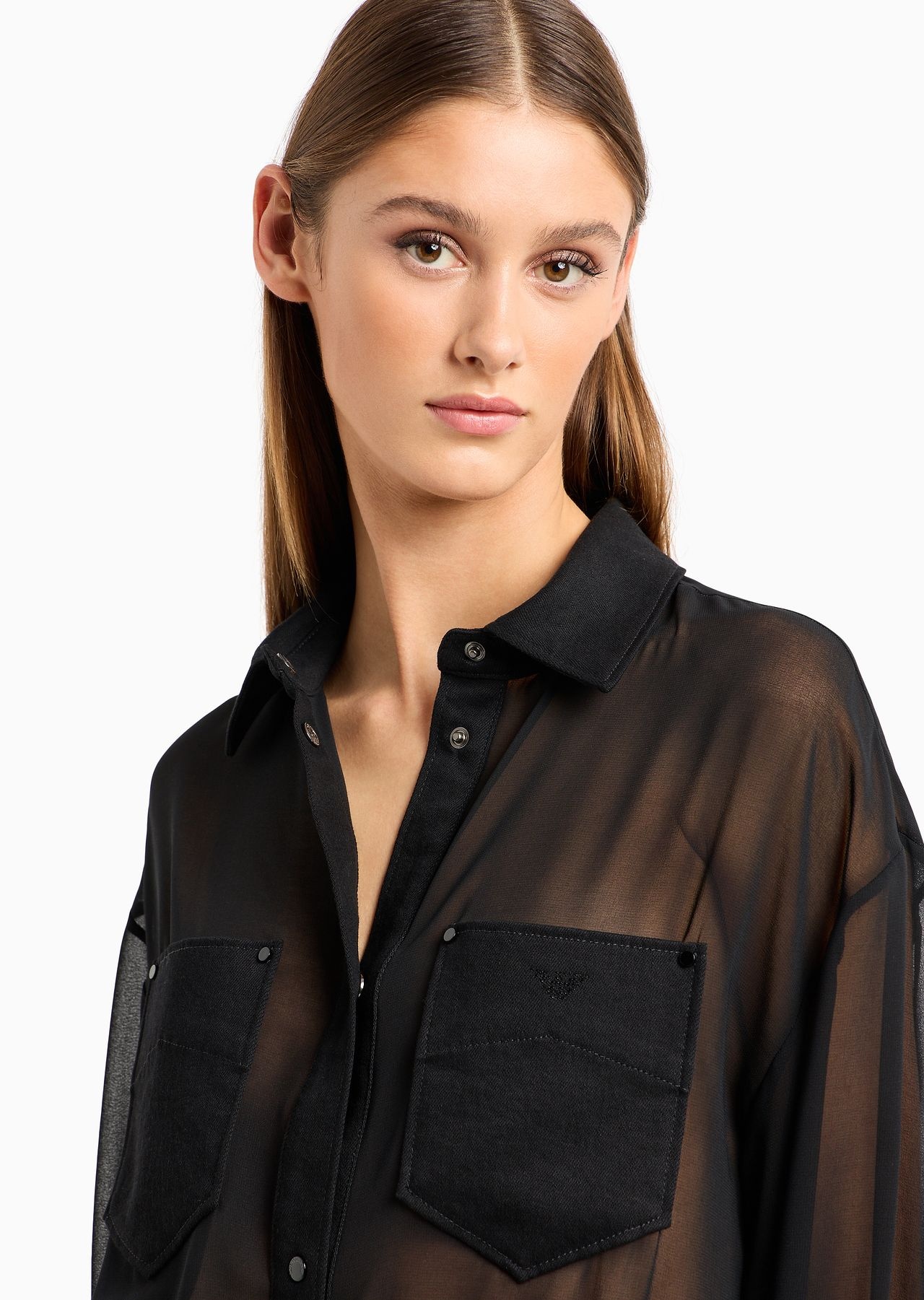 Bodysuit shirt in sheer Georgette with denim details - 5