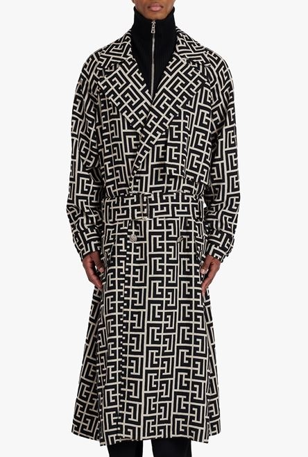 Bicolor ivory and black wool trench coat with Balmain monogram - 6