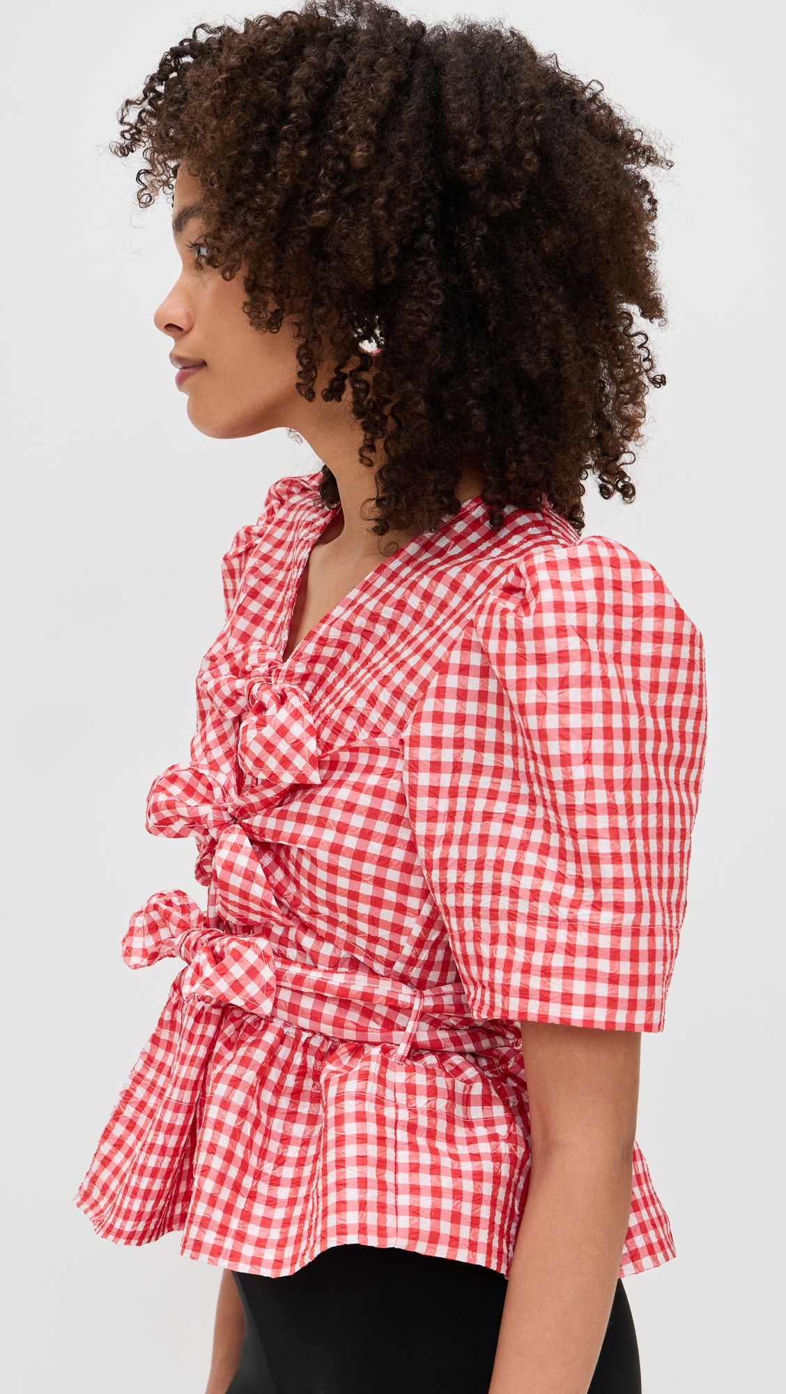 Crinkled Taffeta Check Tie Strap Blouse - 4