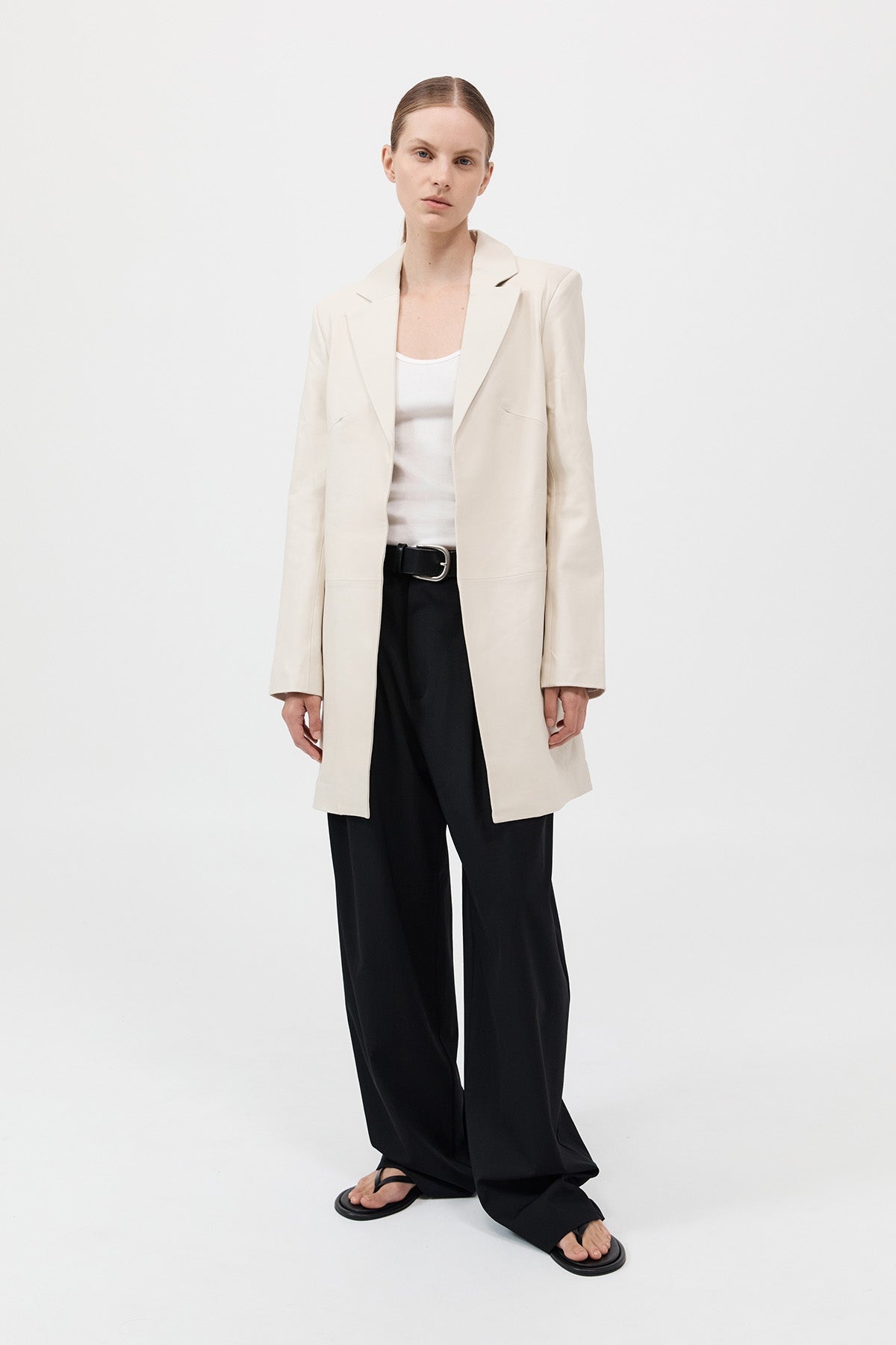 Leather Longline Jacket - Tofu - 2