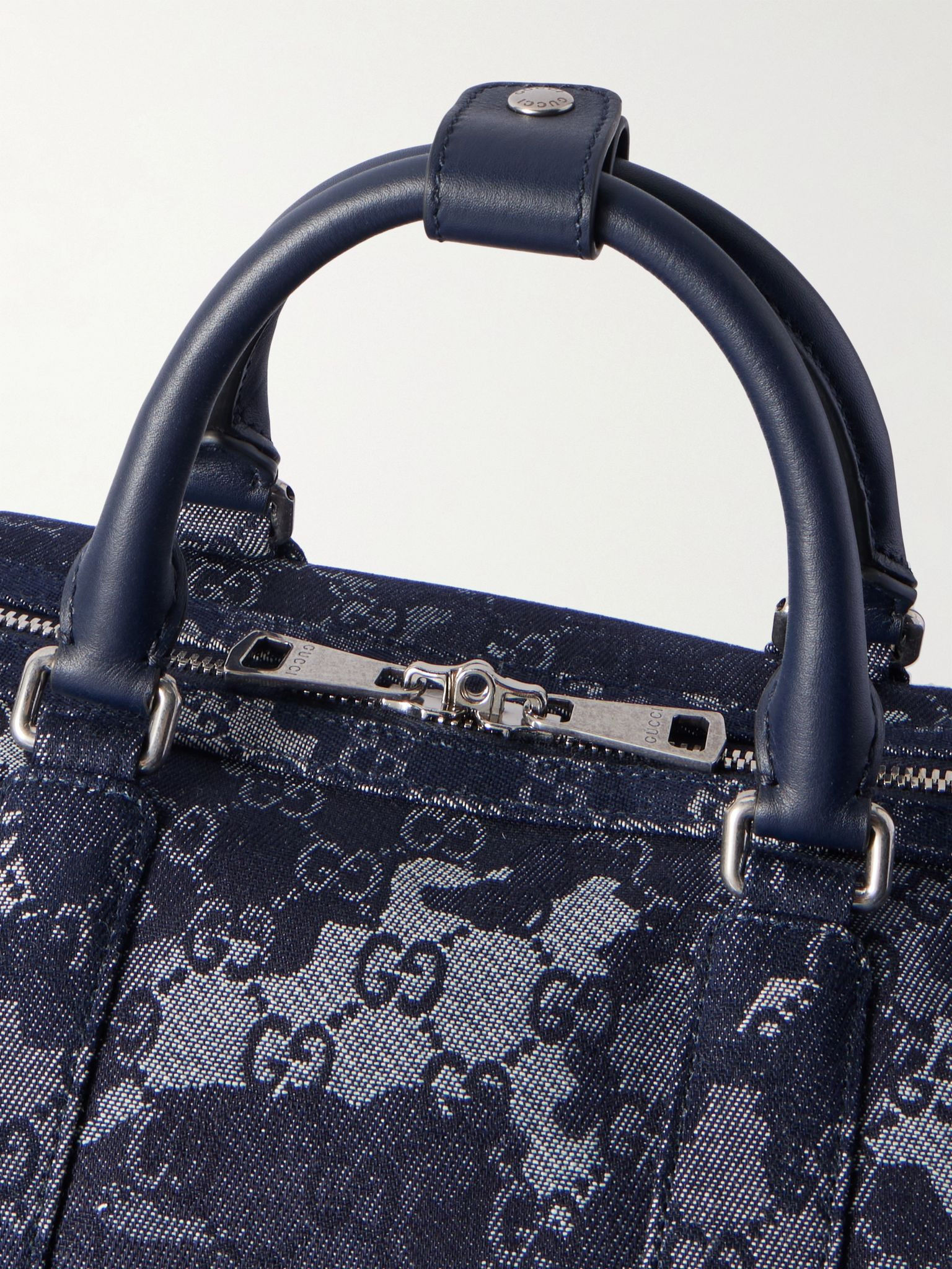 Leather-Trimmed Logo-Jacquard Denim Duffle Bag Navy - 4