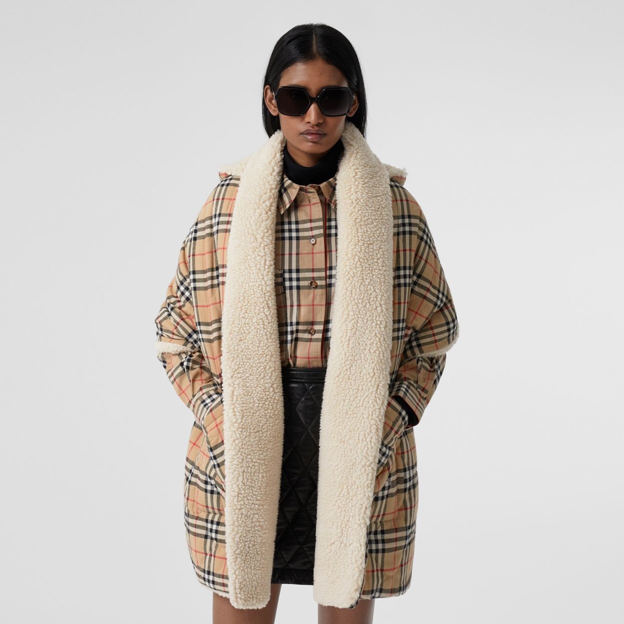 Fleece-lined Vintage Check Cotton Hooded Cape - 5