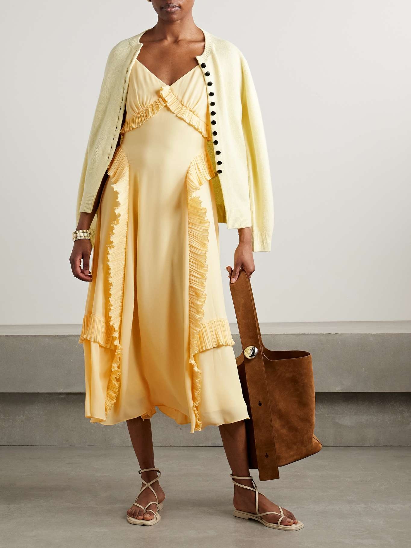 Delilah ruffled plissé-trimmed crepe de chine midi dress Pastel yellow - 2