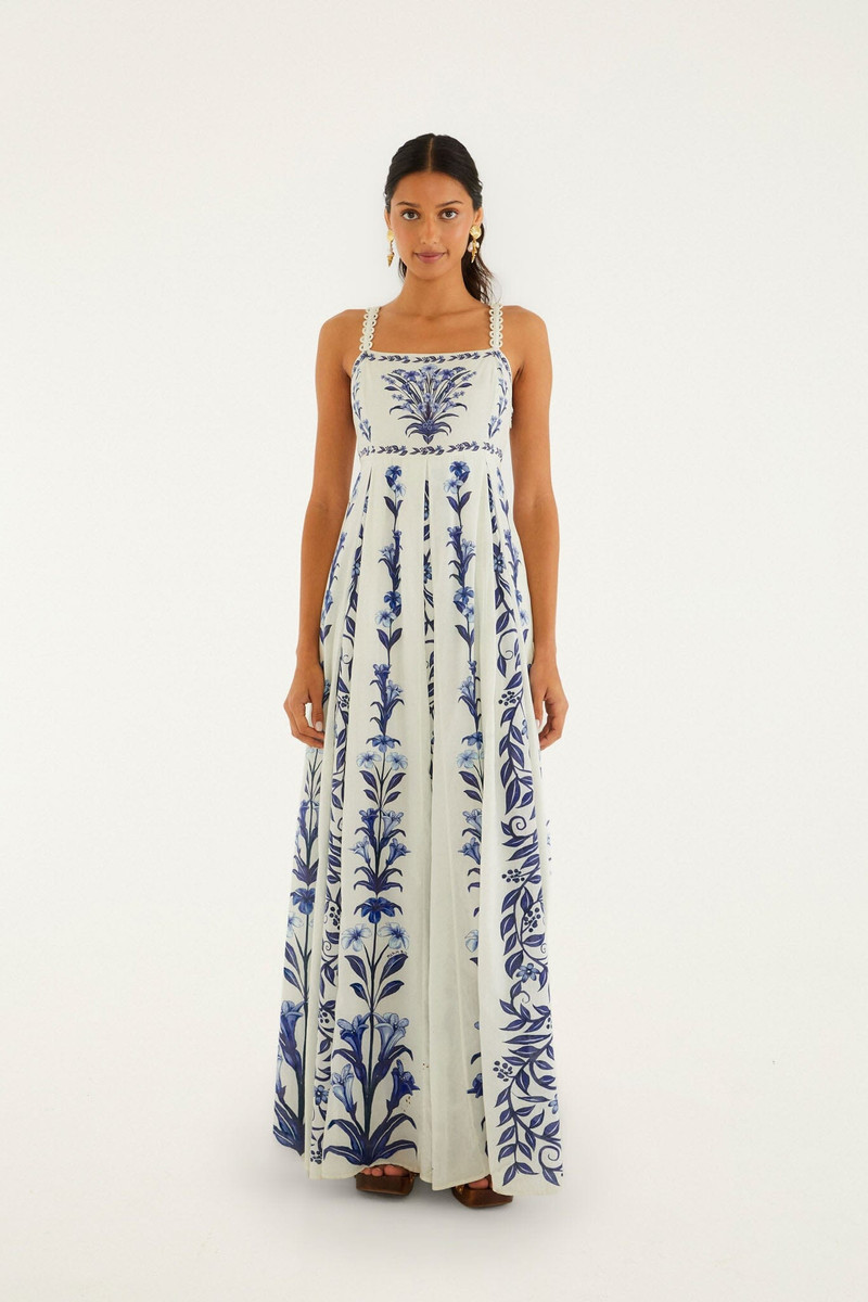 FARM RIO Off-White Flowers Arch Pleats Maxi Dress outlook