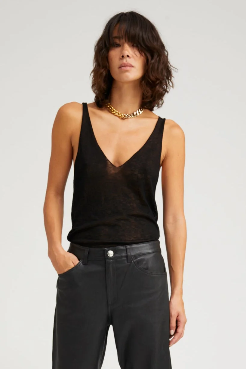 BLACK TISSUE CASHMERE V NECK TANK - 1