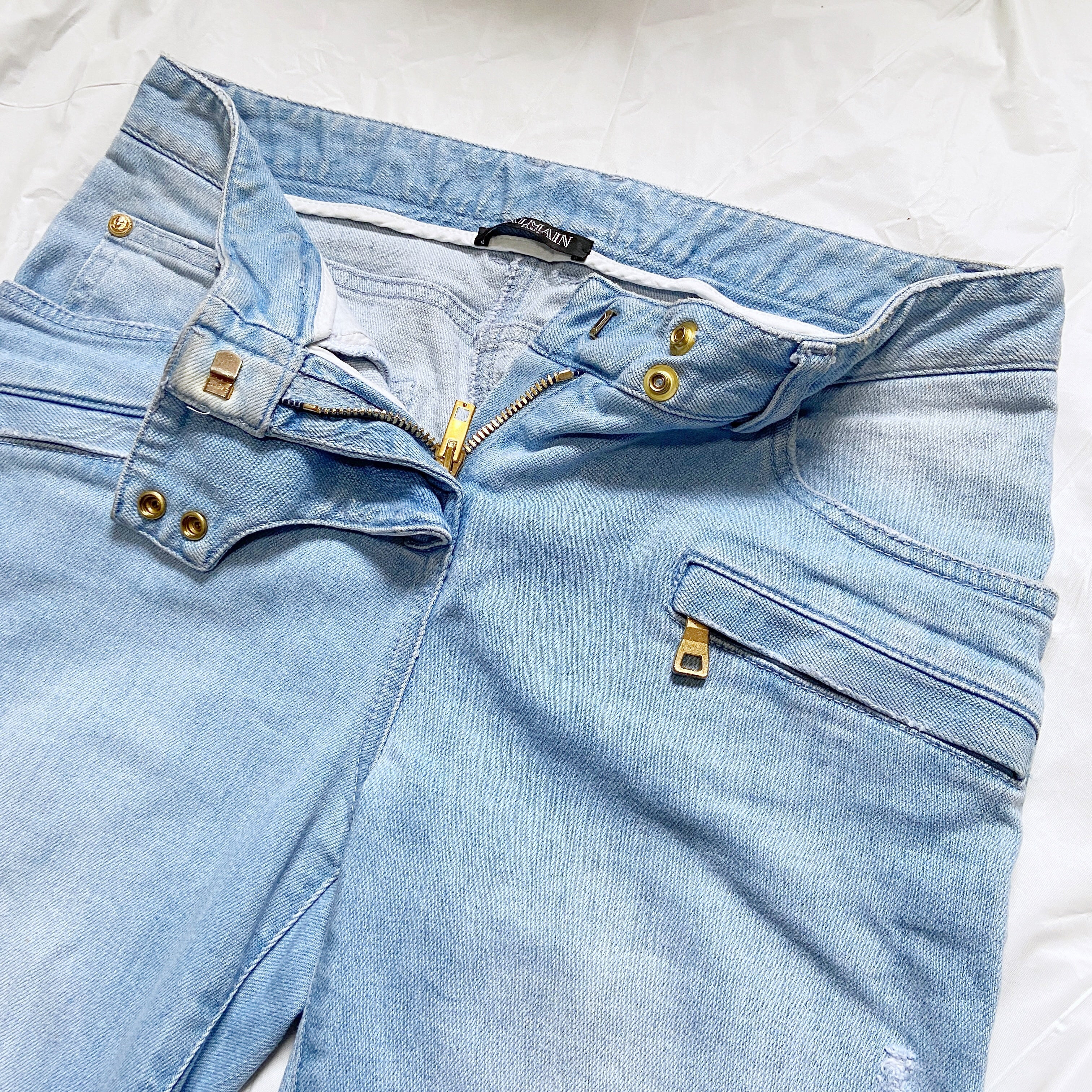 zOthers - Balmain Spring 2009 Decarnin era distressed light blue gold zipper jeans - 9