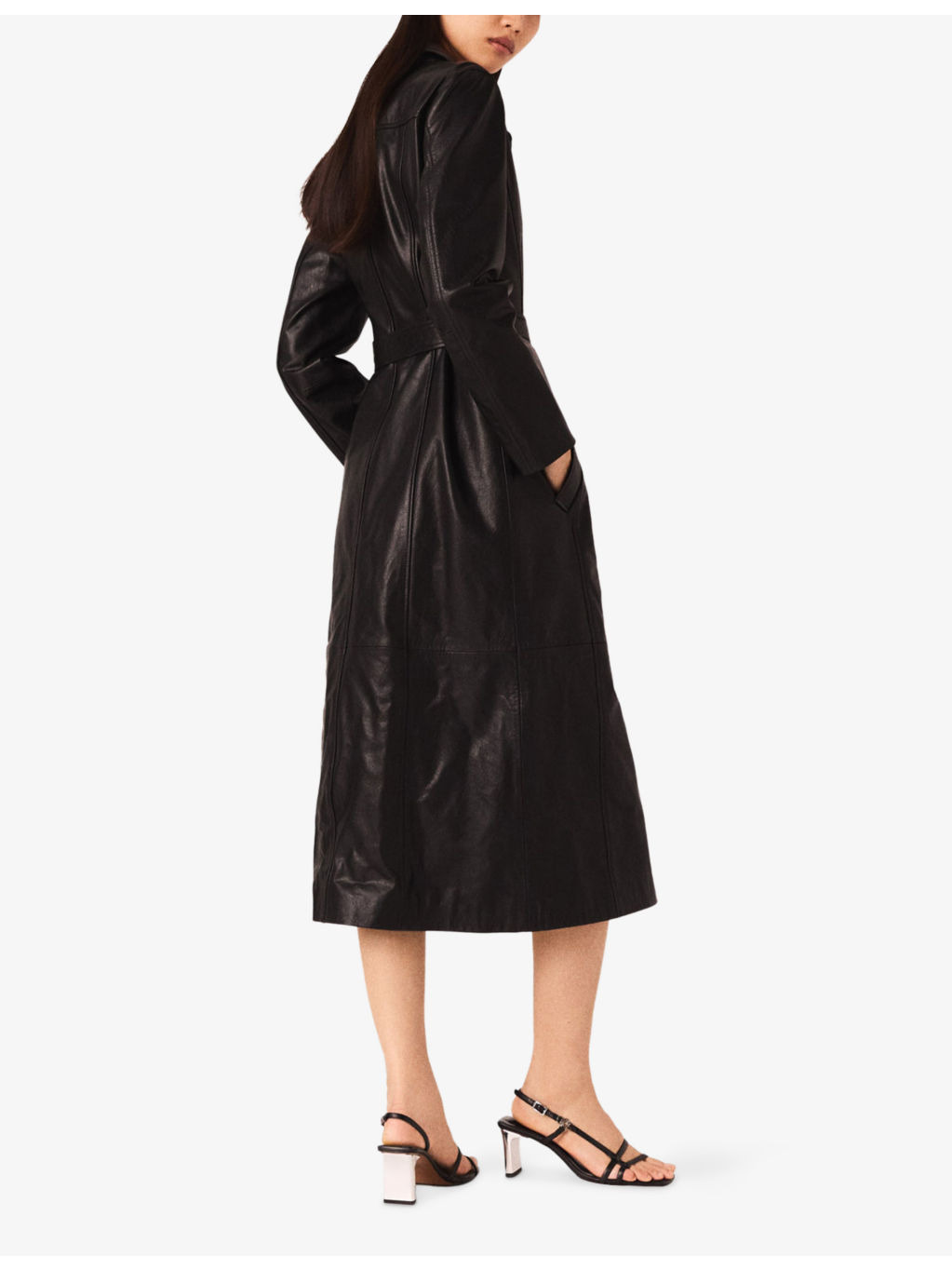 Long Belted-Waist Leather Trench Coat - 4