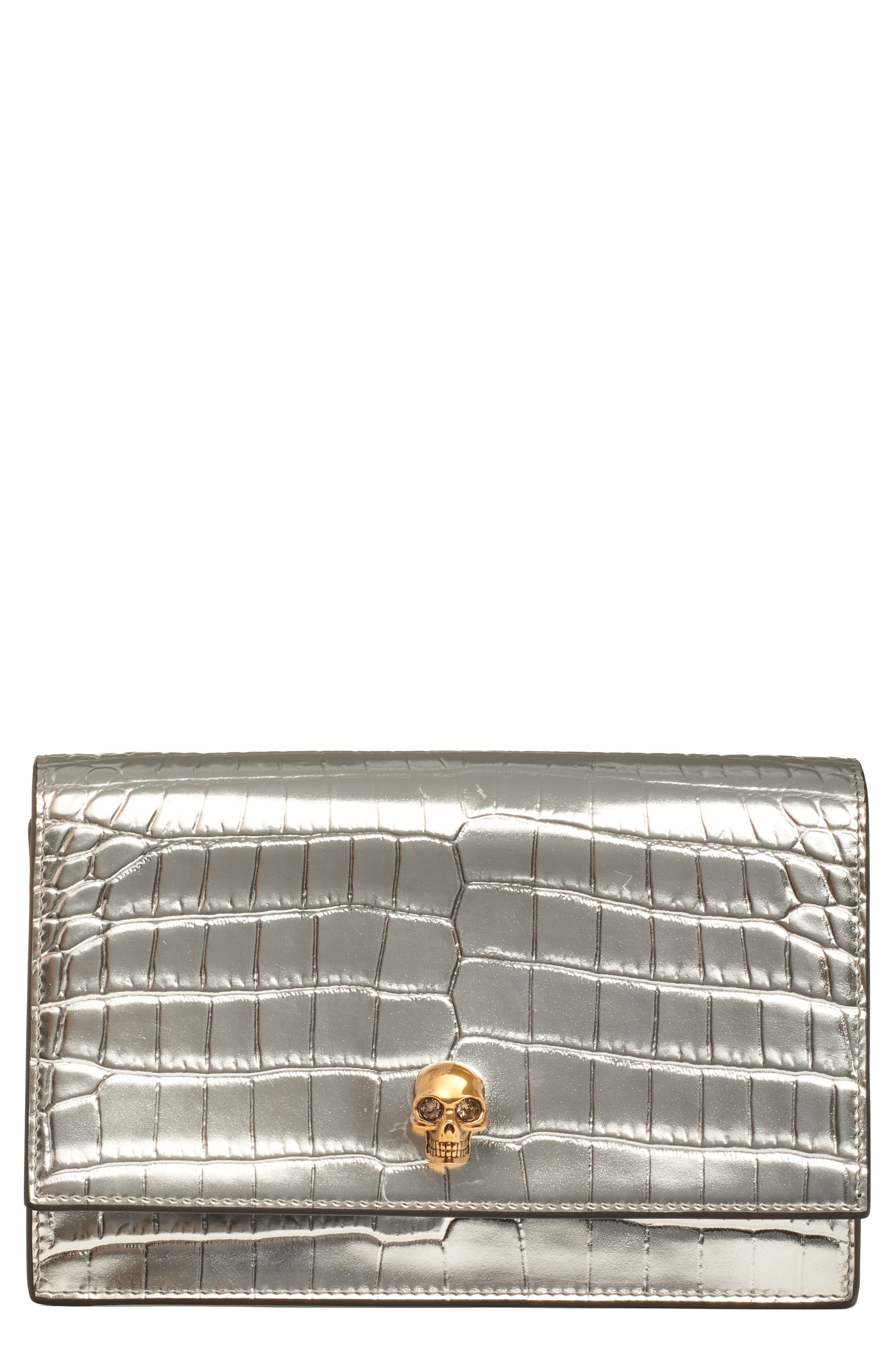 McQueen Small Skull Croc Embossed Leather Shoulder Bag in Silver/Gold at Nordstrom - 1