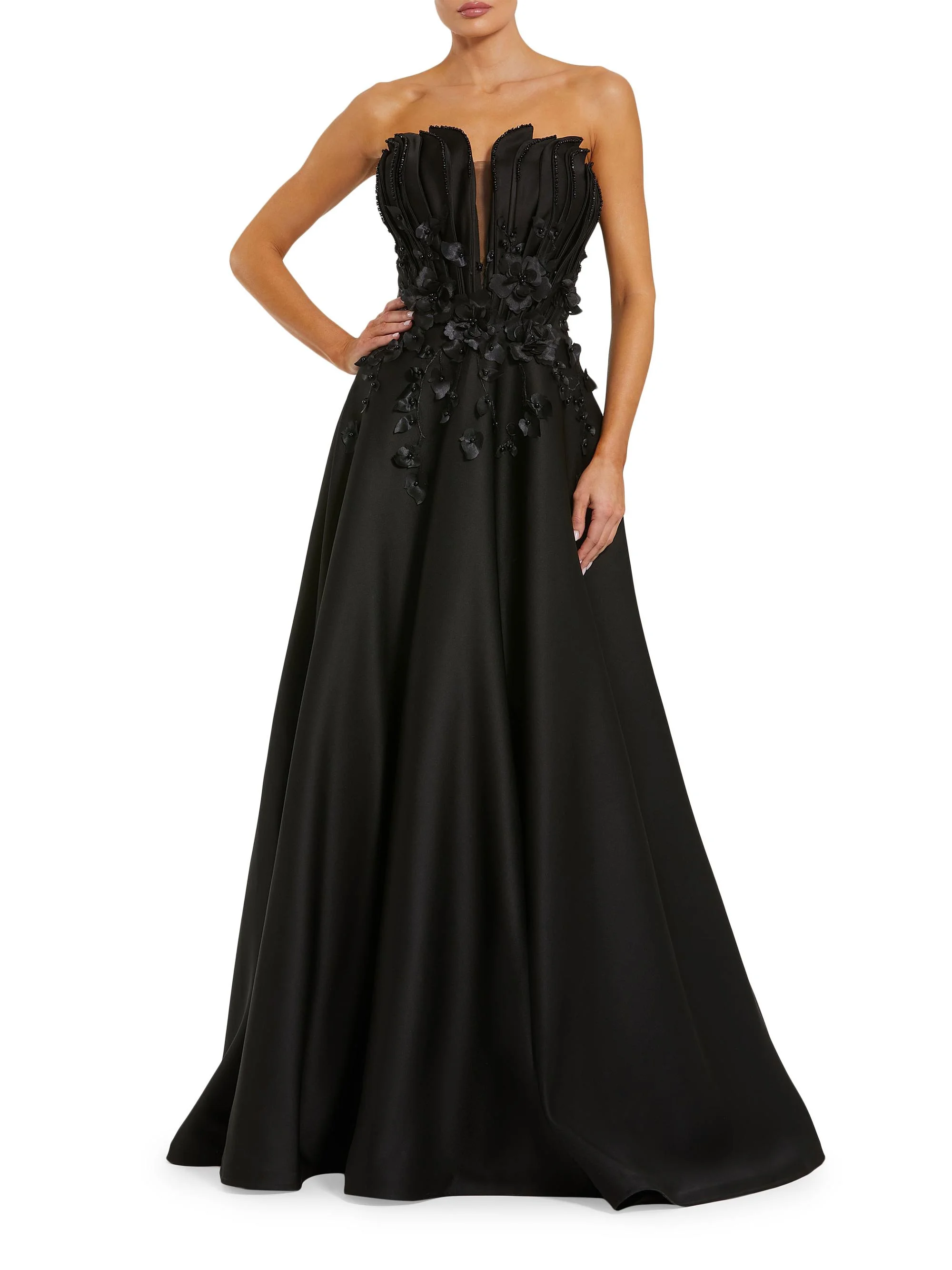 Women's Beaded Floral-Appliquéd Charmeuse Strapless Gown - Black - 1