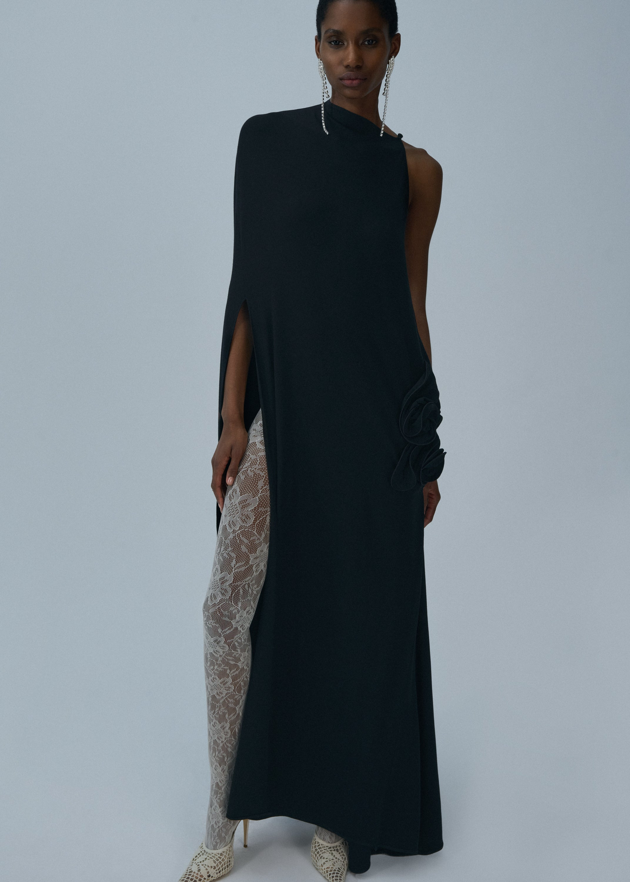 One-shoulder cape maxi dress in black - 3