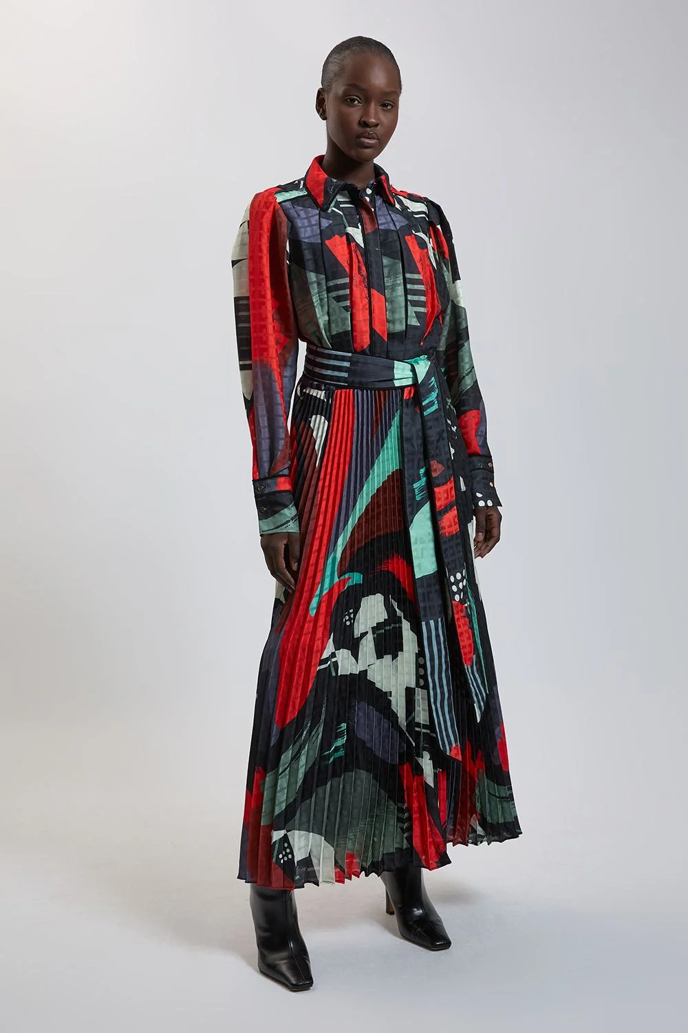 Satin Geo Print Pleated Tie Waist Maxi Dress - 1