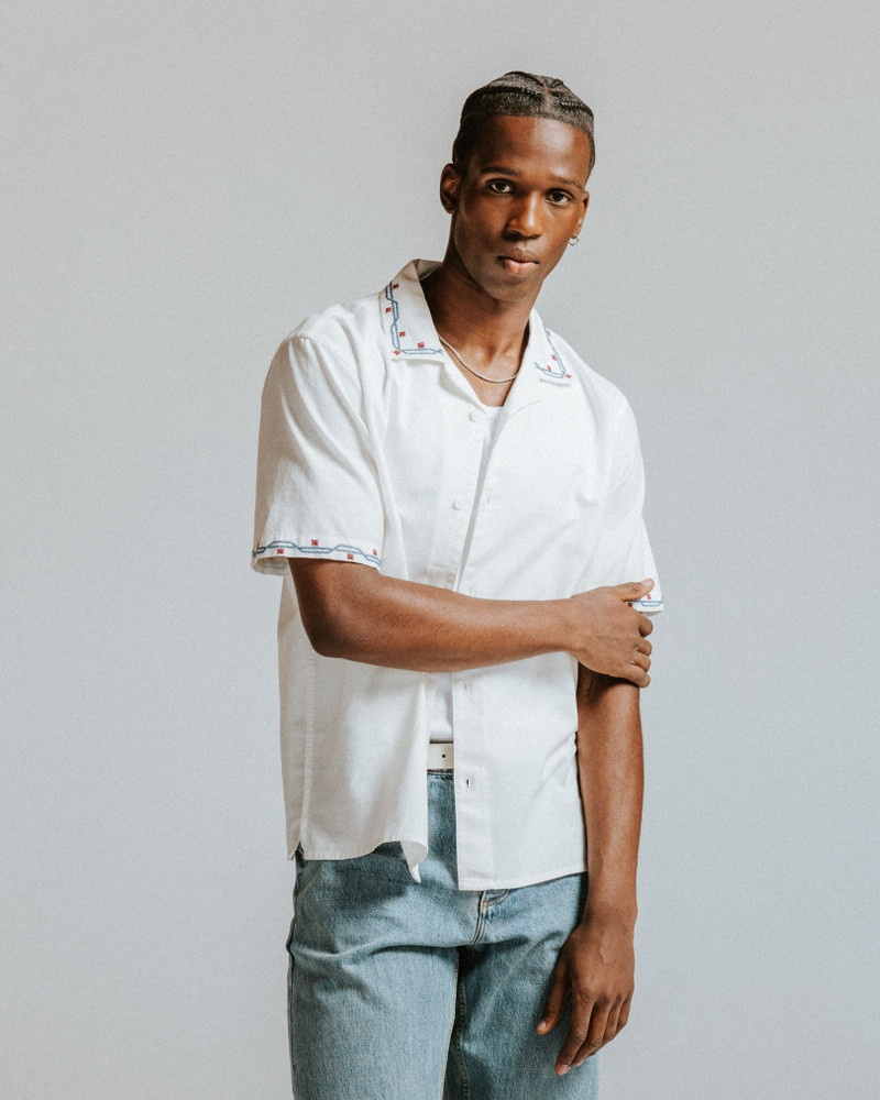 Wax London Didcot - Ecru Cross-Stitch Border Short-Sleeve Shirt outlook