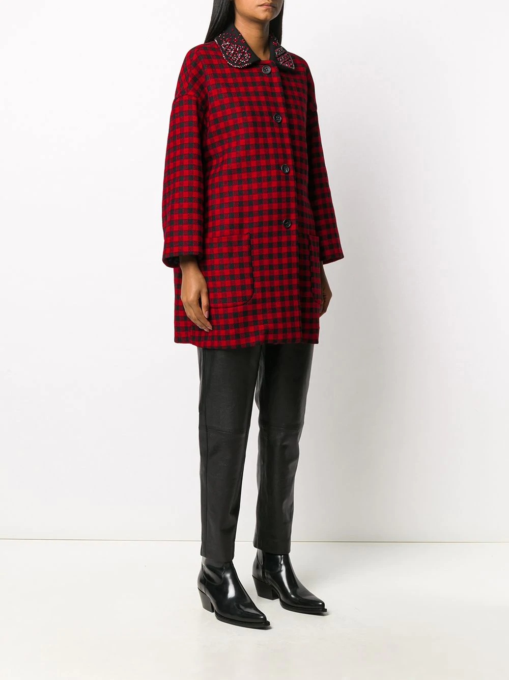 embellished collar check print coat - 3