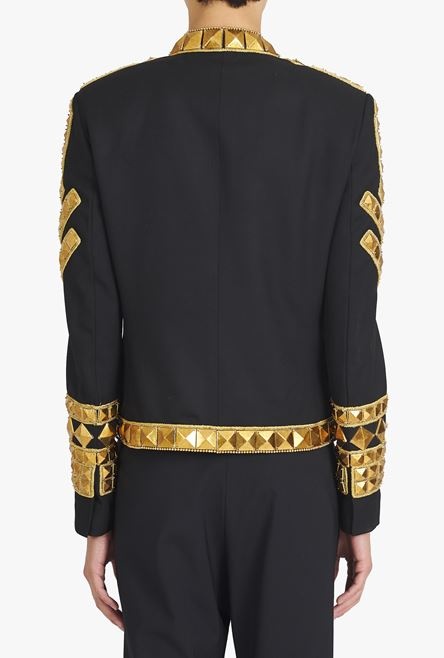 Black wool spencer jacket with gold-tone studded embroidery - 9