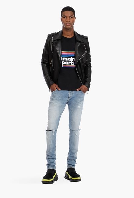 Black cotton T-shirt with multicolor rubber Balmain Paris logo - 2